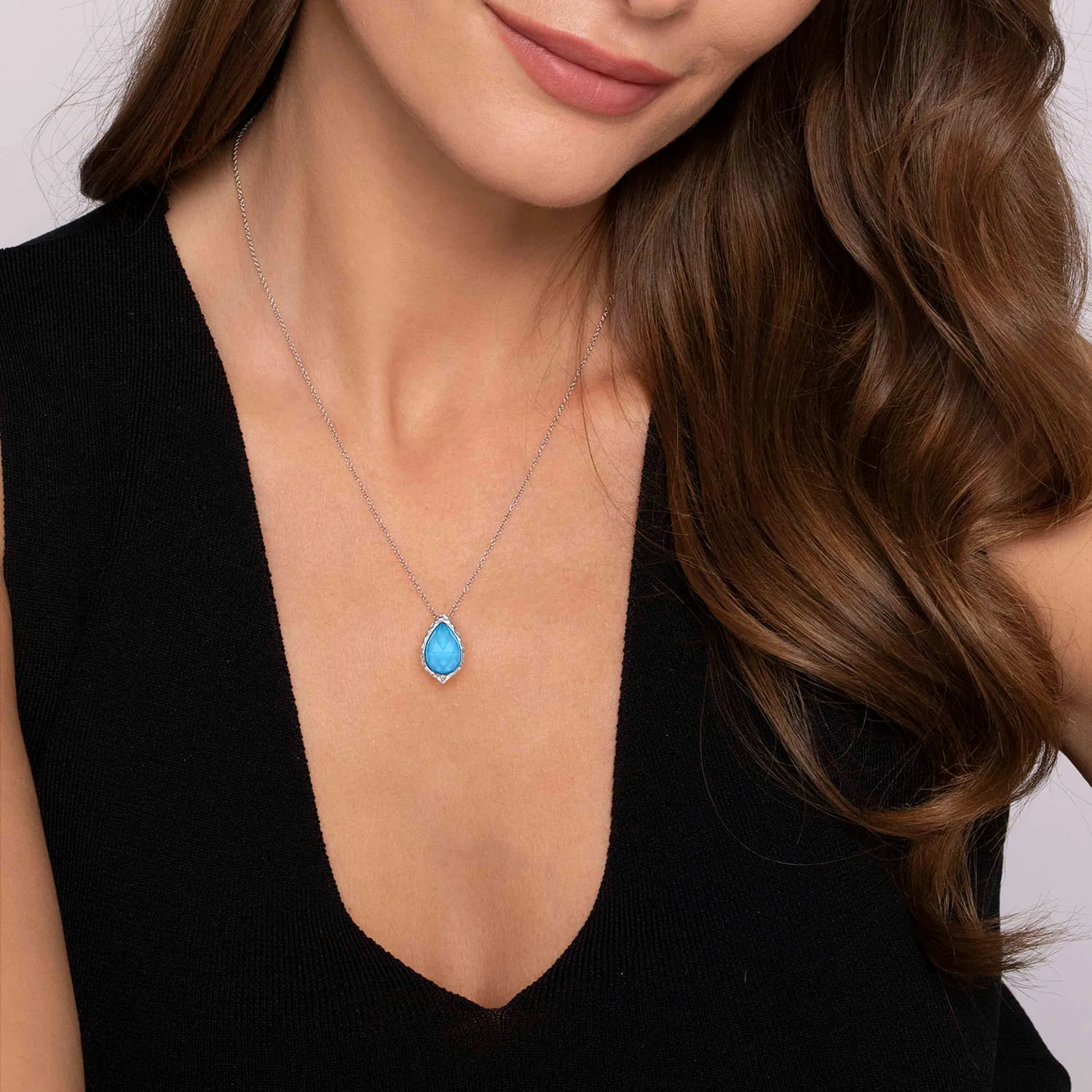 Round Rock Crystal Turquoise Doublet Teardrop Pendant Necklace in Sterling Silver, photograph 3