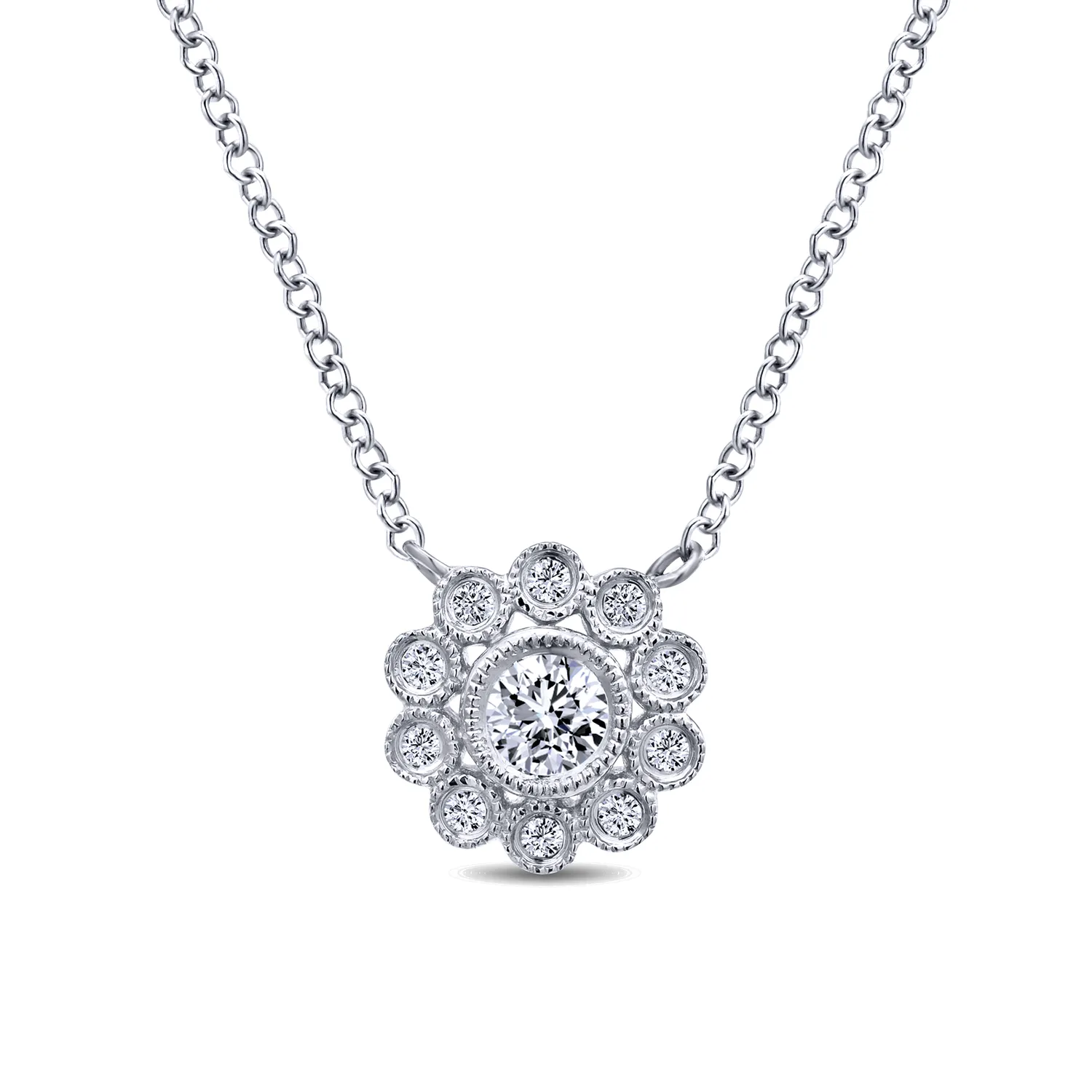 Bezel Set Floral Diamond Pendant Necklace