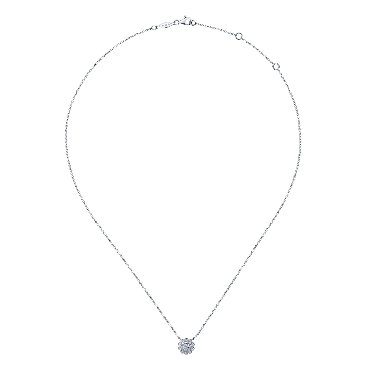 Bezel Set Floral Diamond Pendant Necklace in 14K White Gold, photograph 2