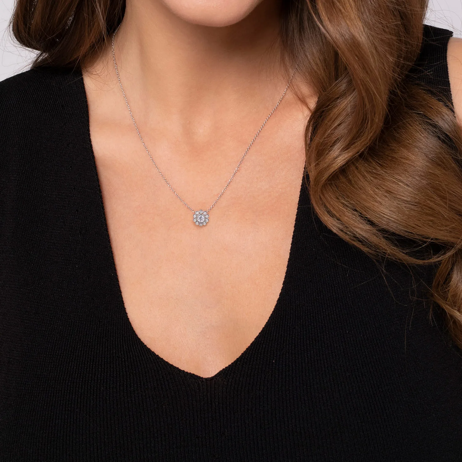 Bezel Set Floral Diamond Pendant Necklace in 14K White Gold, photograph 3