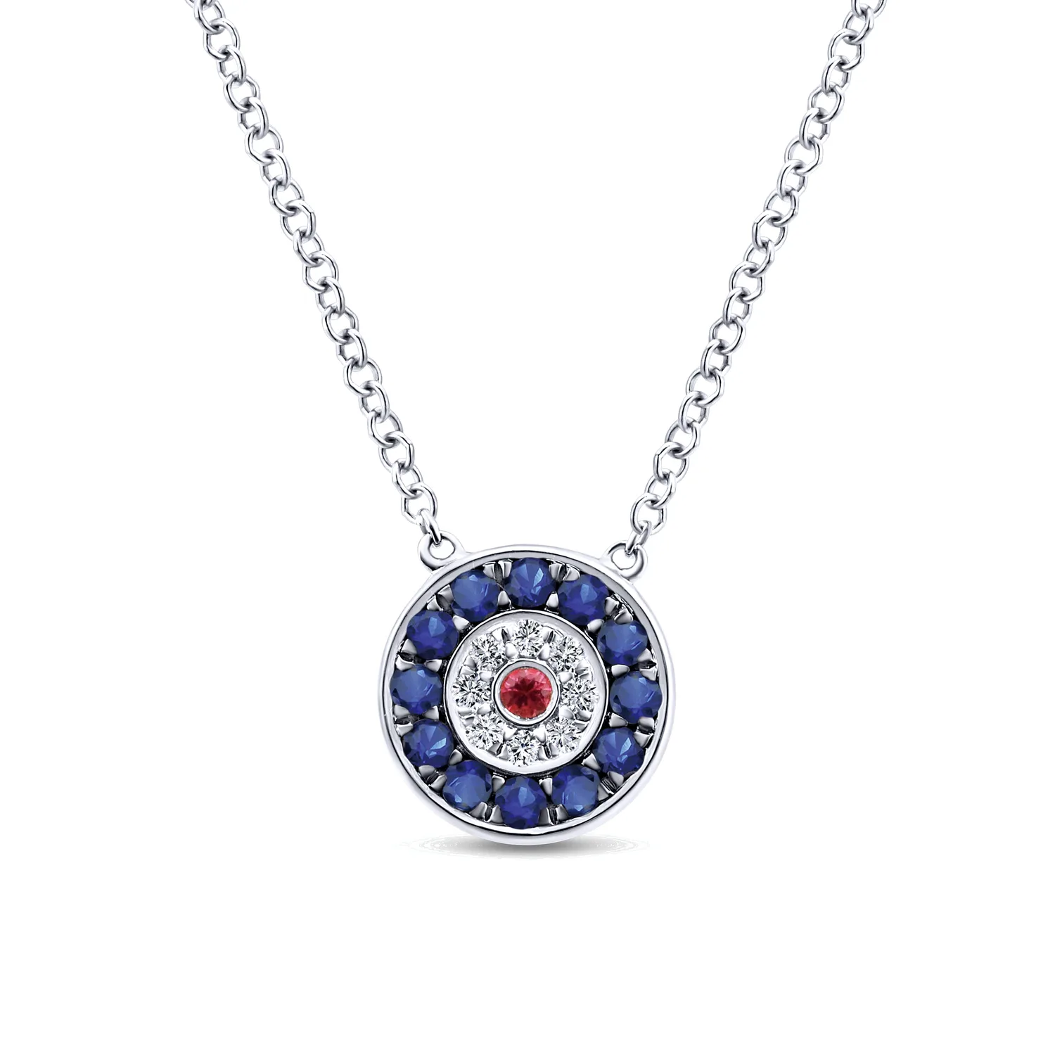 Sapphire Ruby and Diamond Evil Eye Pendant Necklace
