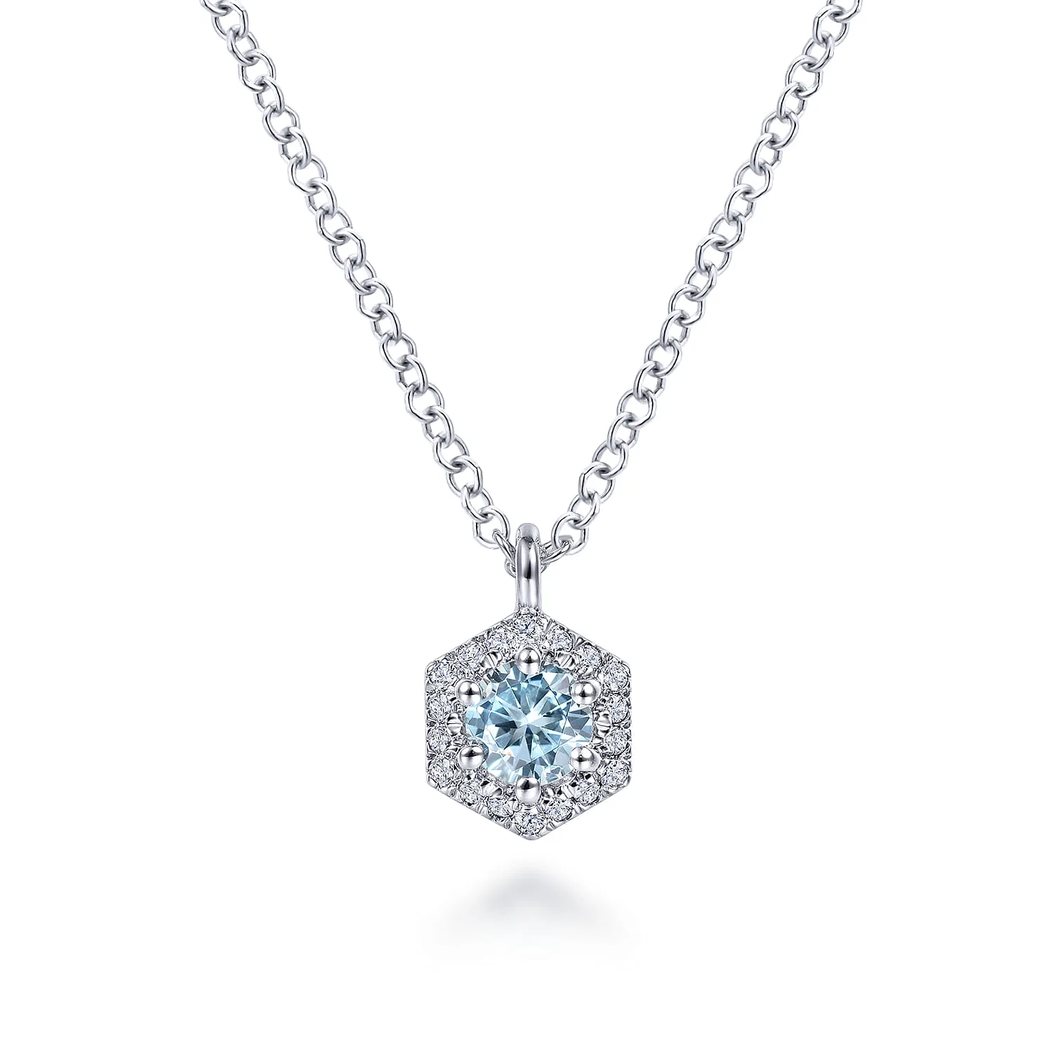Hexagonal Halo Aquamarine and Diamond Pendant Necklace