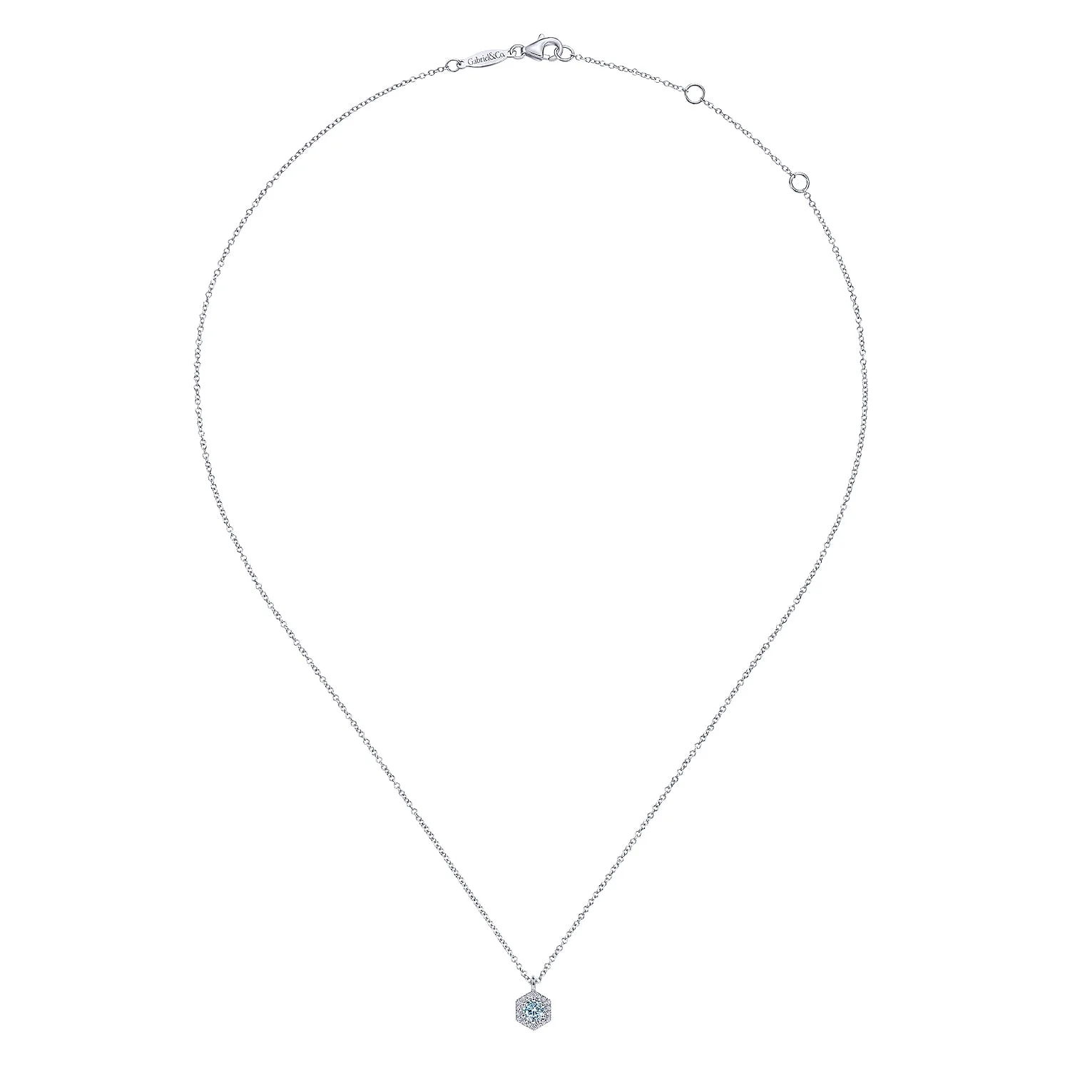 Hexagonal Halo Aquamarine and Diamond Pendant Necklace in 14K White Gold, photograph 2
