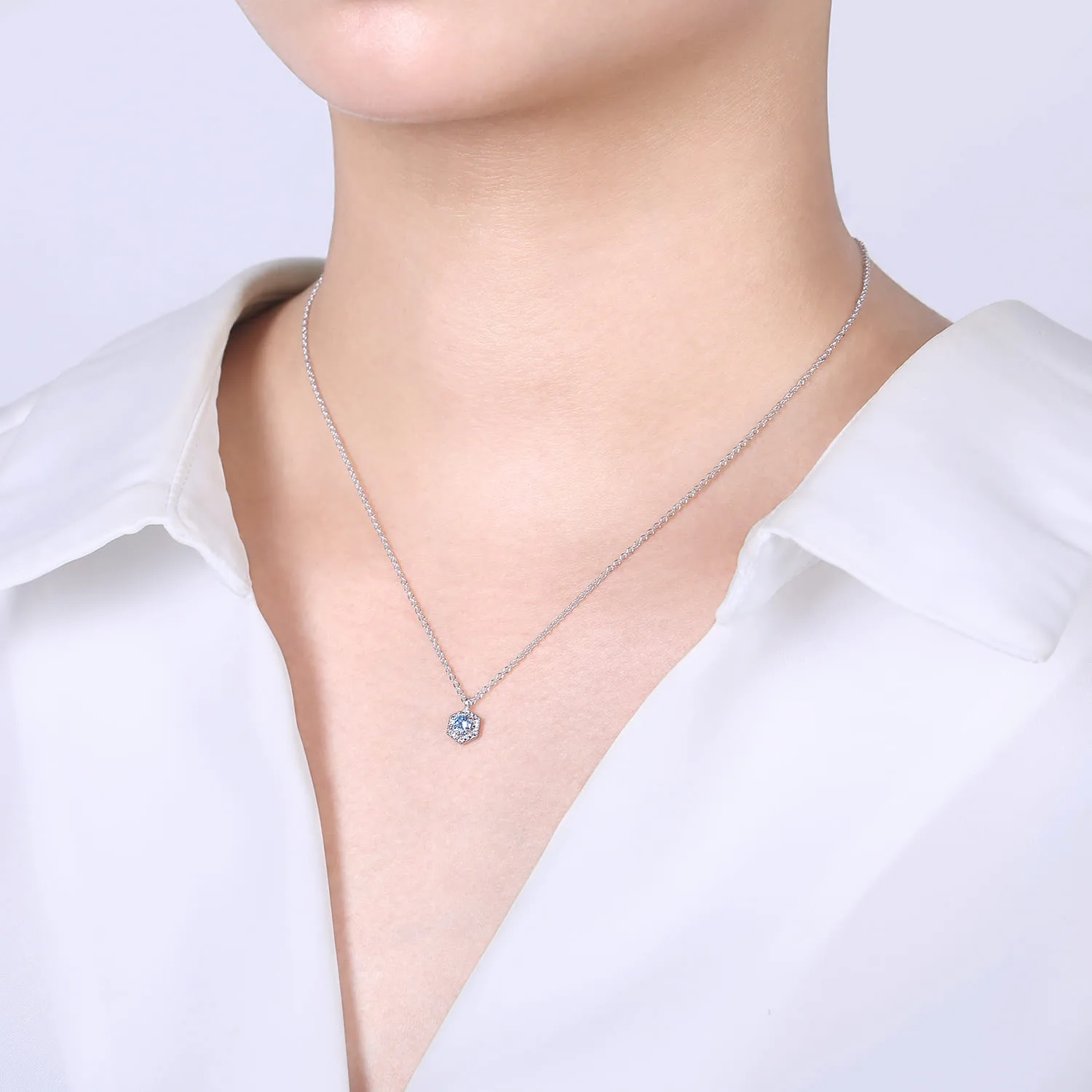 Hexagonal Halo Aquamarine and Diamond Pendant Necklace in 14K White Gold, photograph 3