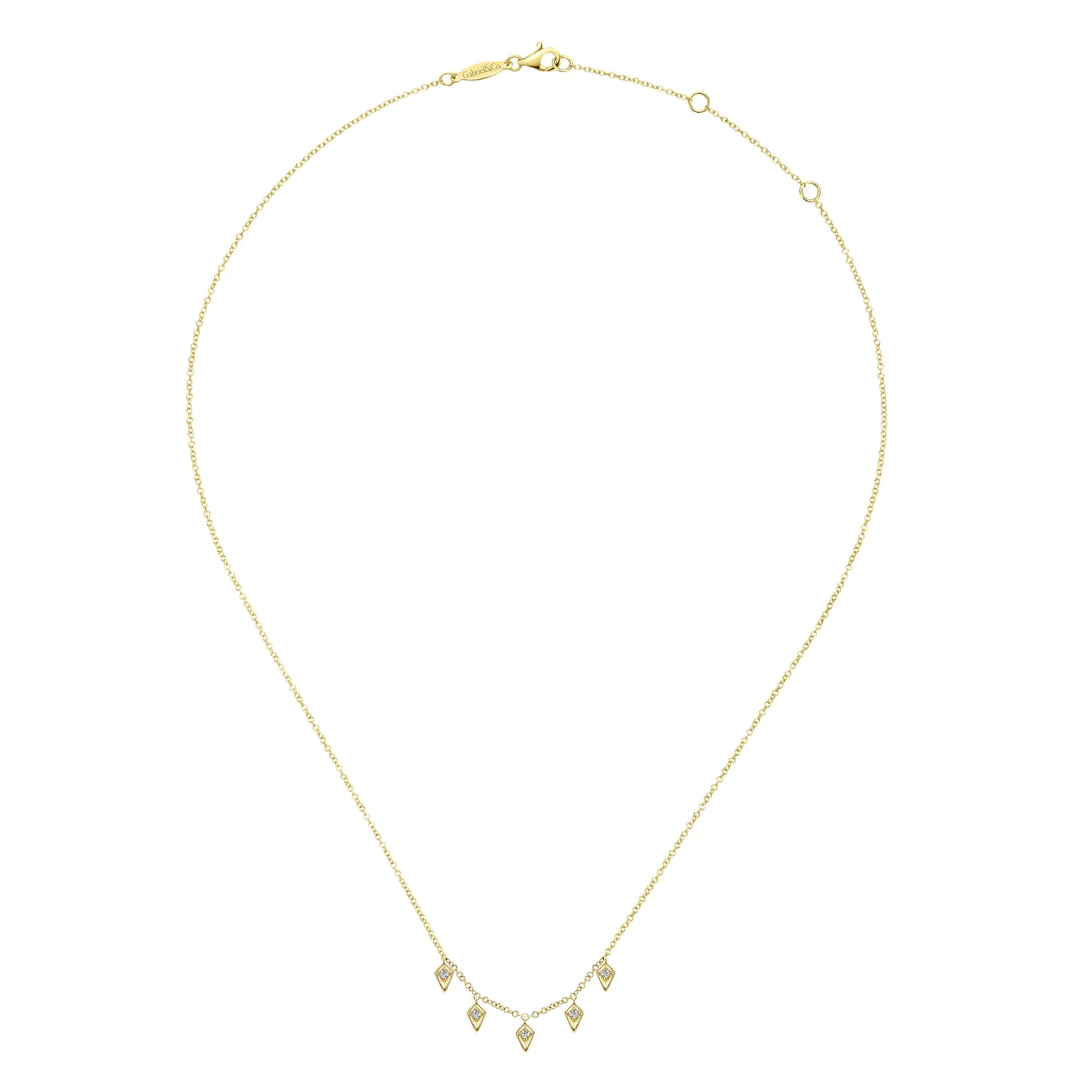 Kite Shaped Drops Station Necklace with Diamonds in 14K Yellow Gold, photograph 2
