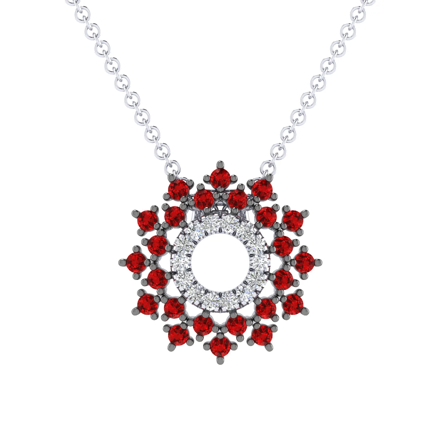 Round Diamond Circle Pendant Necklace with Ruby Halo Burst