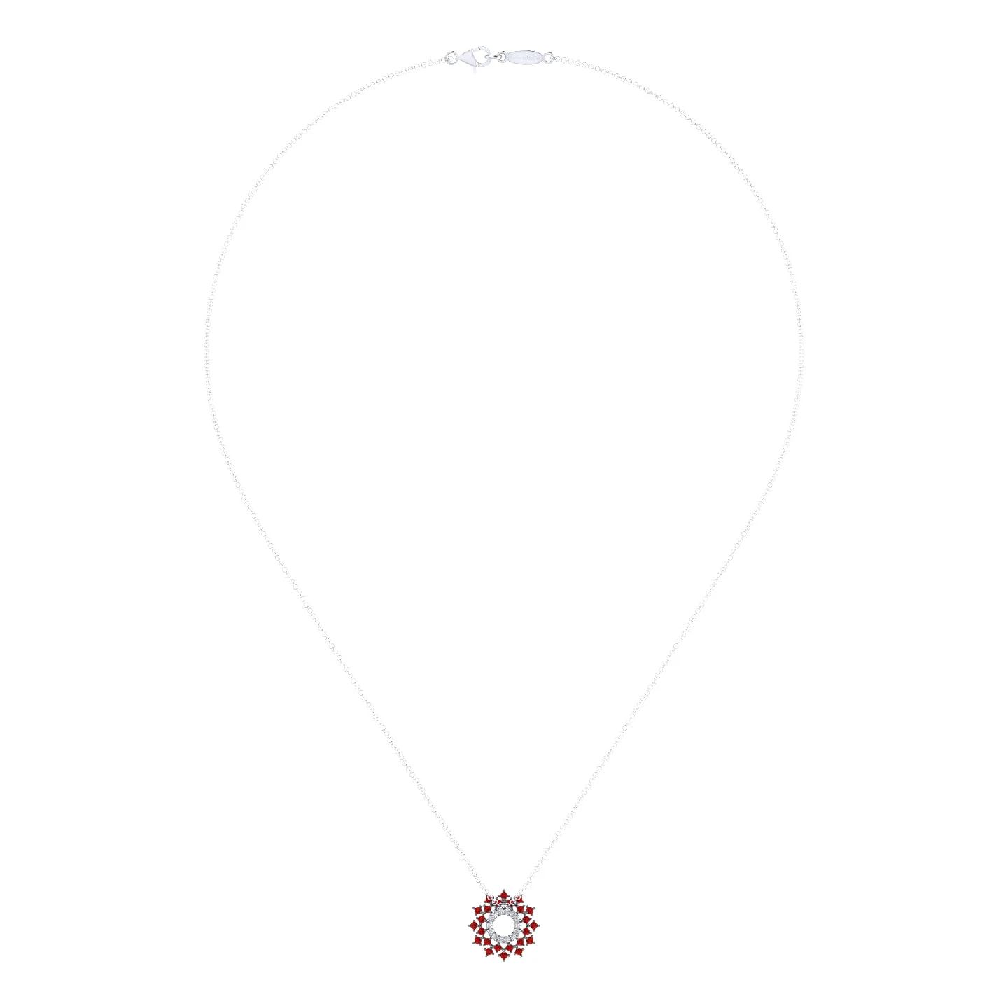 Round Diamond Circle Pendant Necklace with Ruby Halo Burst in 14K White Gold, photograph 2