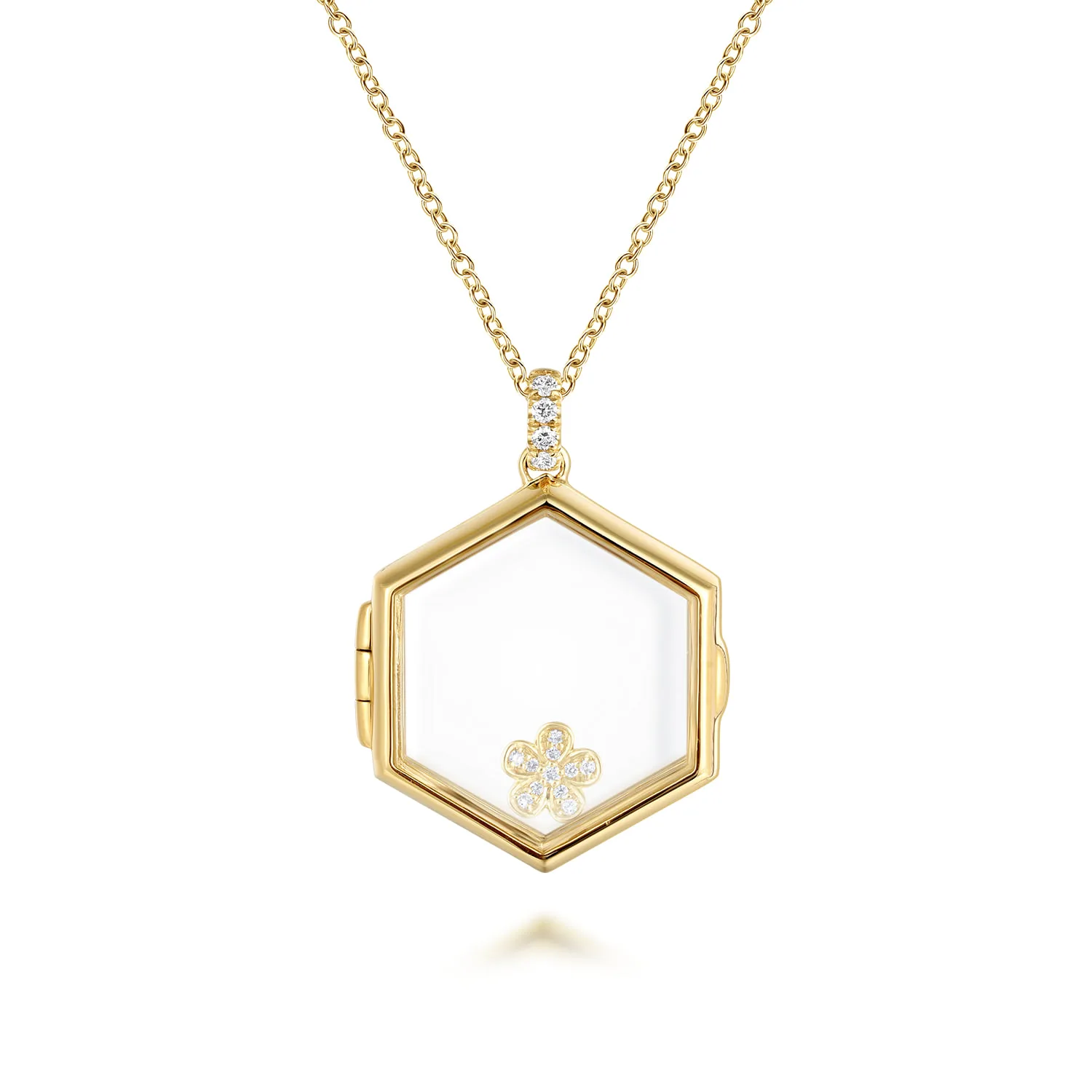 25 inch Hexagonal Glass Front Locket Necklace in 14K Yellow Gold, photograph 2