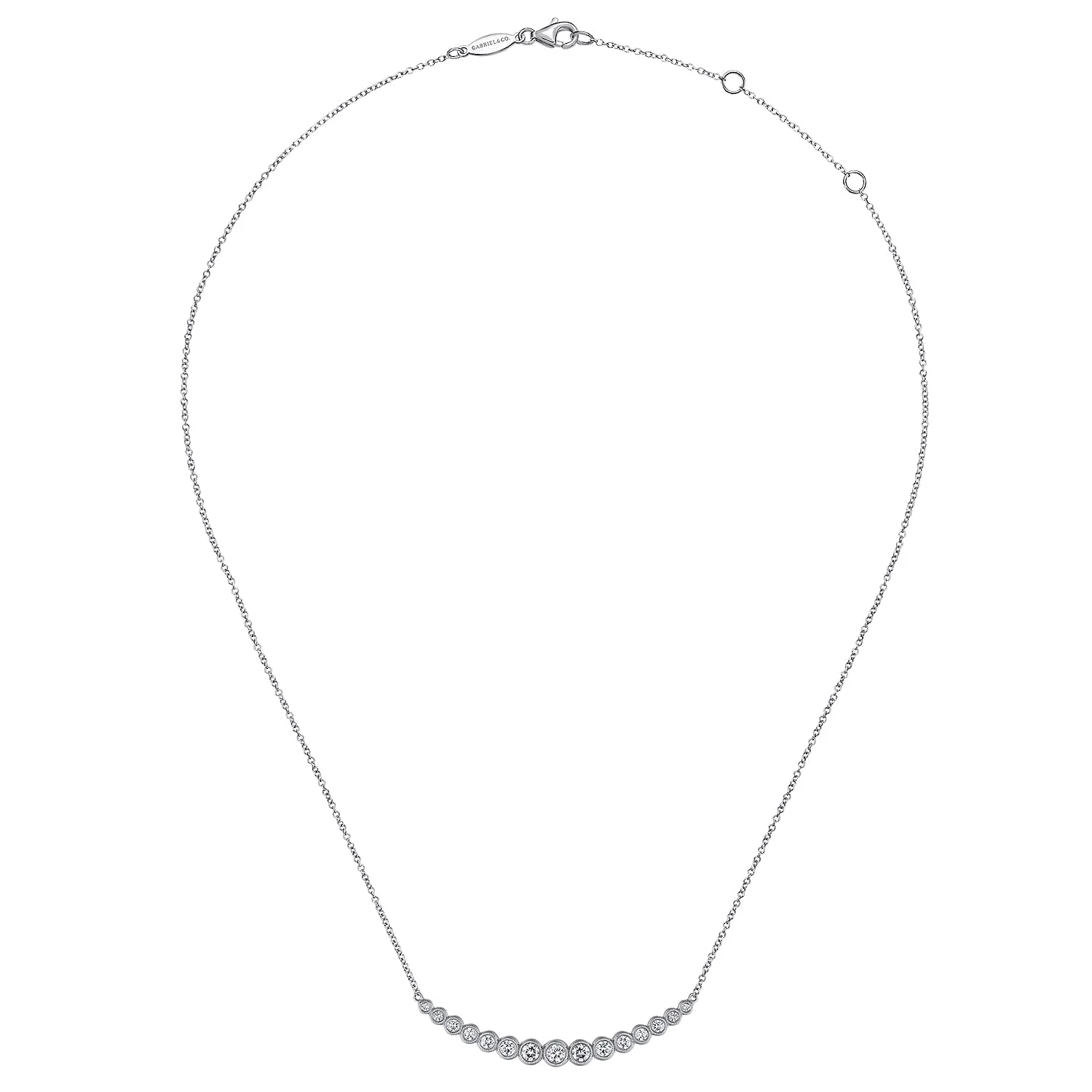 Curved Bar Necklace with Bezel Set Diamonds in 14K White Gold, photograph 2