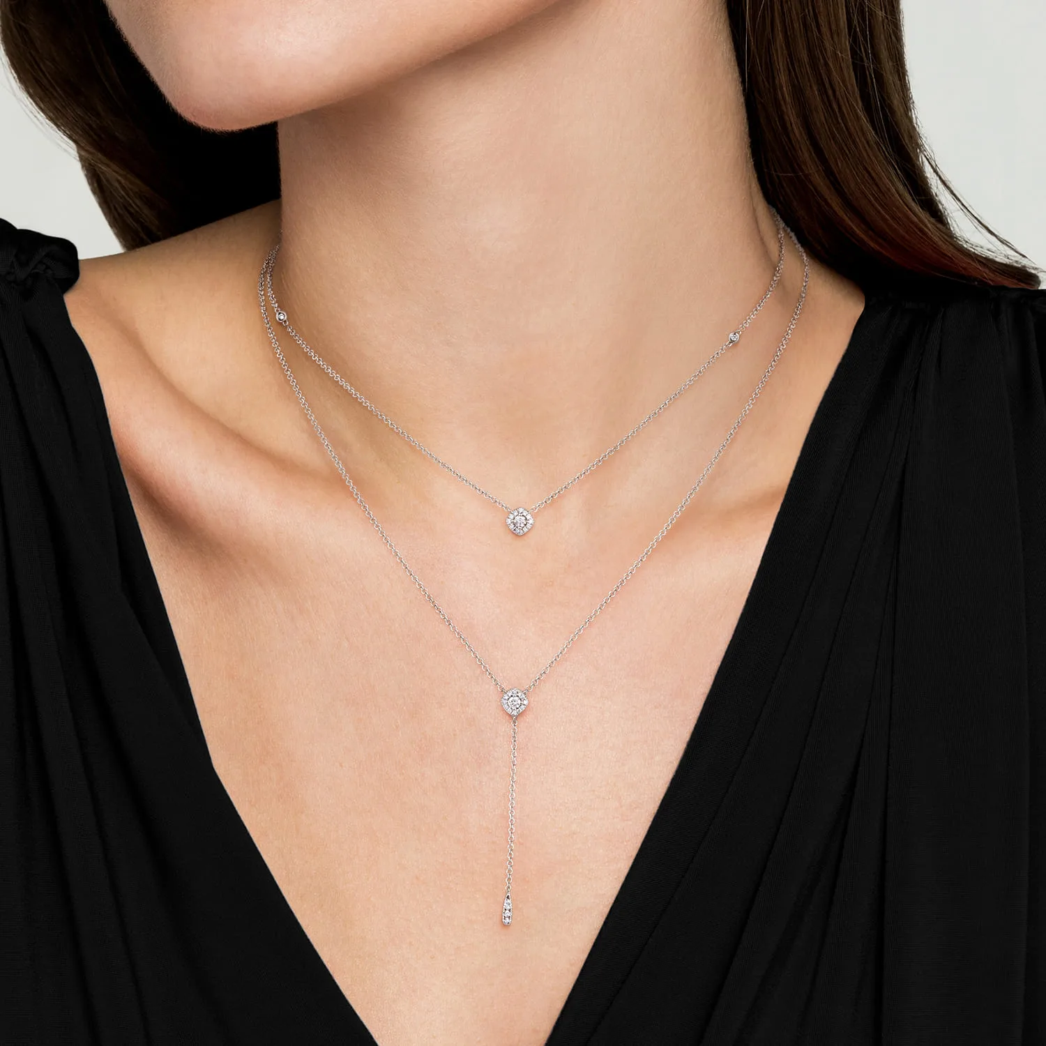 18 inch Layered Diamond Cluster Y Necklace in 14K White Gold, photograph 3