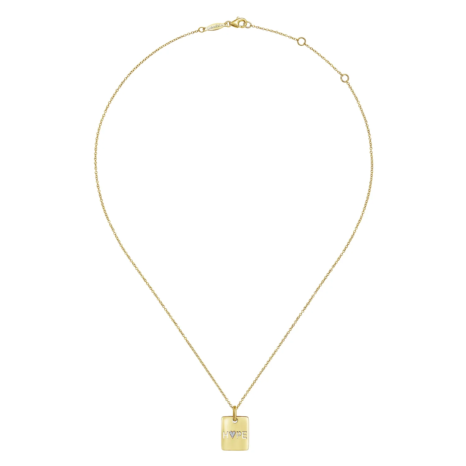 Rectangular Hope Medallion Necklace with Pave Diamond Heart in 14K Yellow Gold, photograph 2