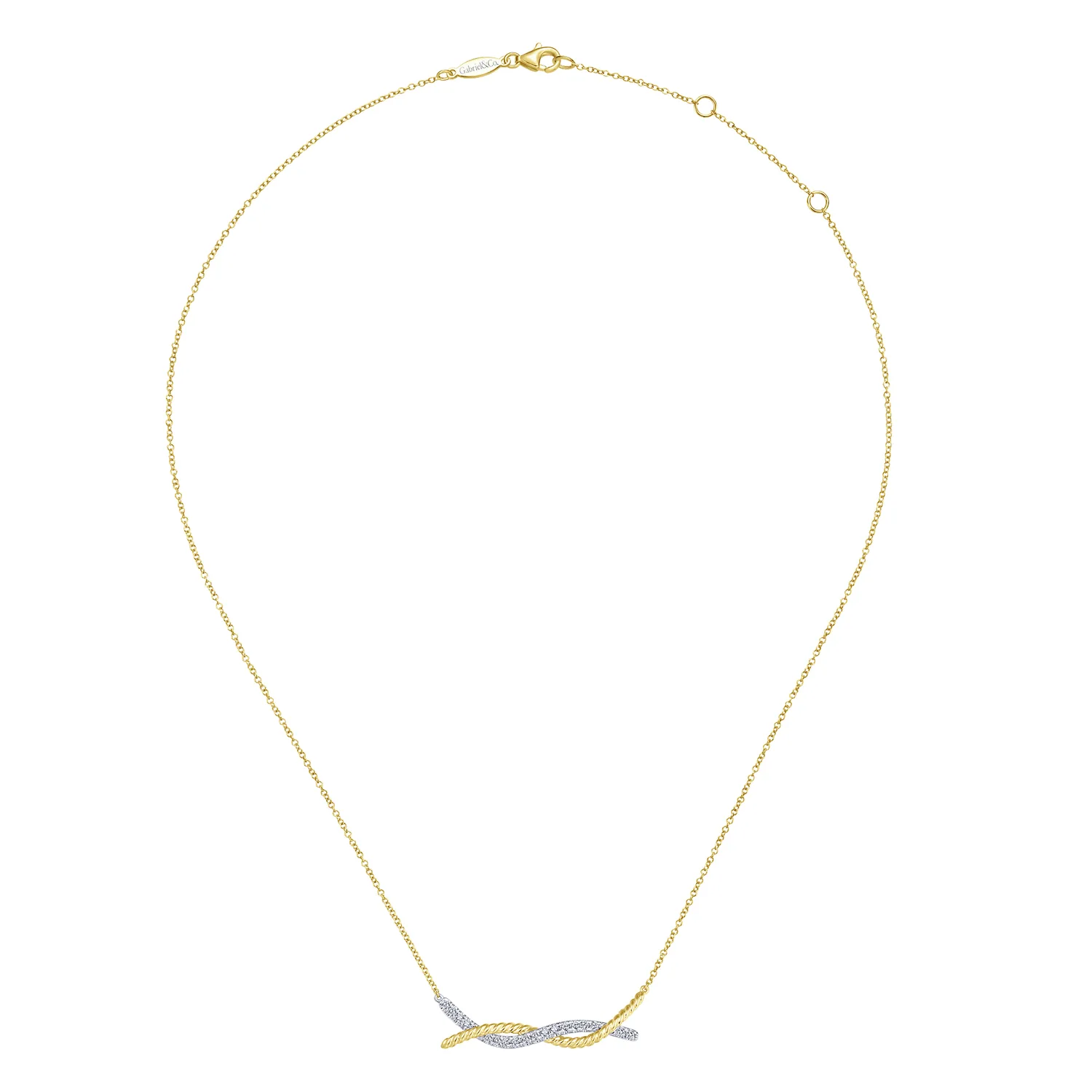 Twisted Rope and Pave Diamond Bar Necklace in 14K White/Yellow Gold, photograph 2