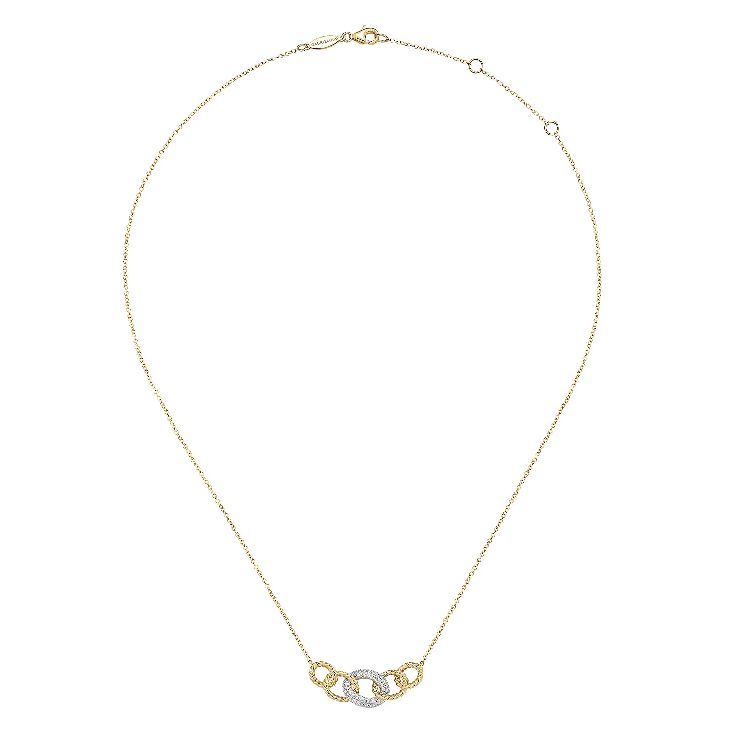 Twisted Rope Link Necklace with Pave Diamond Link Station in 14K White/Yellow Gold, photograph 2