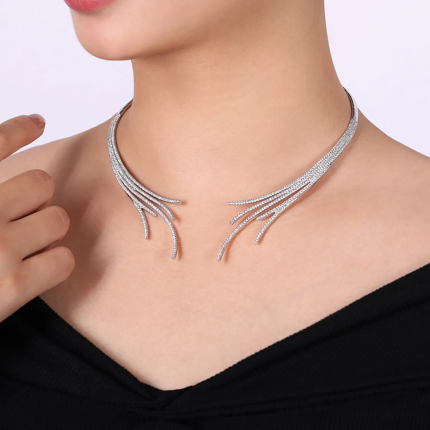 Open Multi Row Diamond Statement Necklace in 18K White Gold, photograph 4