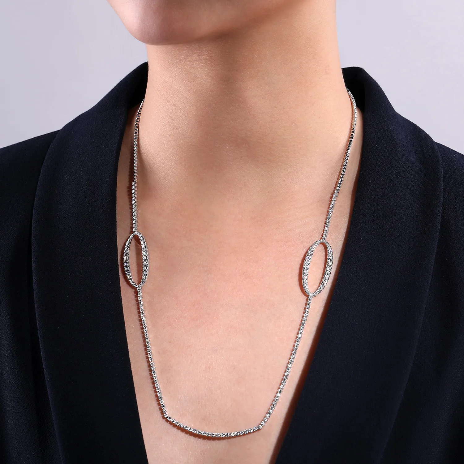 24 Inch Station Diamond Necklace in 18K White Gold, photograph 3