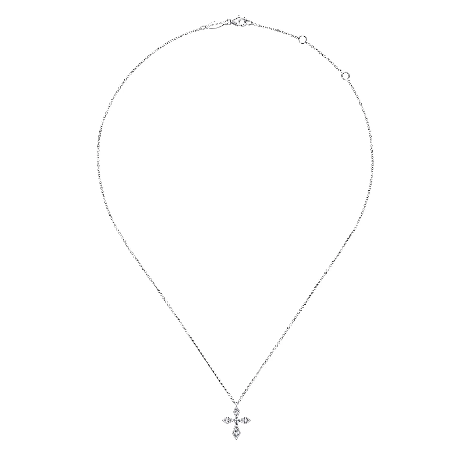 Vintage Inspired Pointed Diamond Cross Pendant Necklace in 14K White Gold, photograph 2