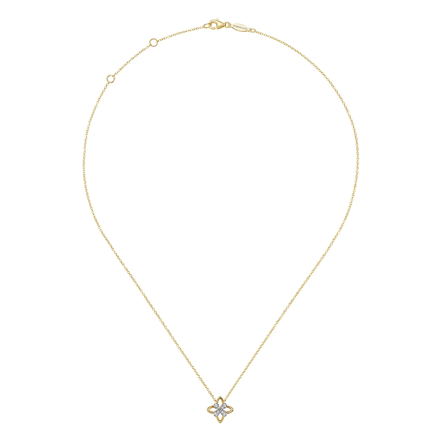 Twisted Rope Clover Pendant Necklace with Diamond Petals in 14K Yellow Gold, photograph 2