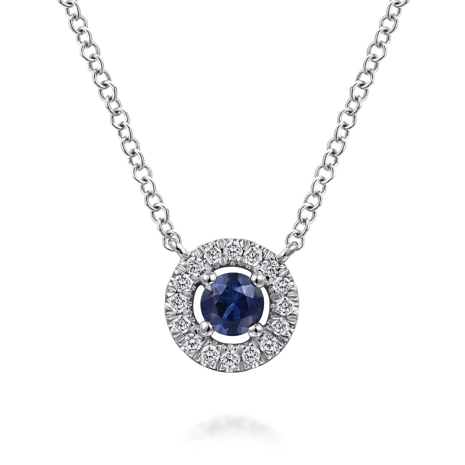 Round Sapphire and Pave Diamond Halo Necklace