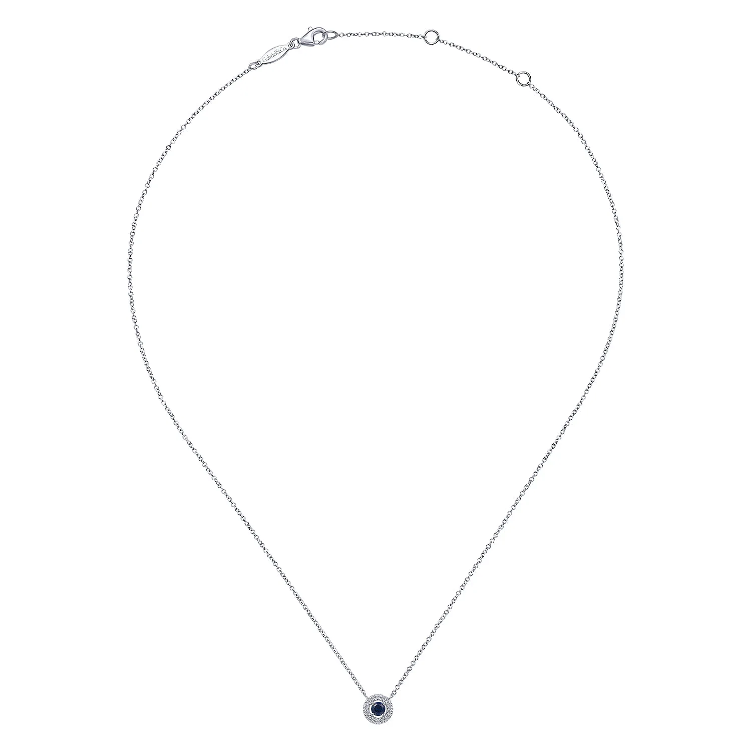 Round Sapphire and Pave Diamond Halo Necklace in 14K White Gold, photograph 2