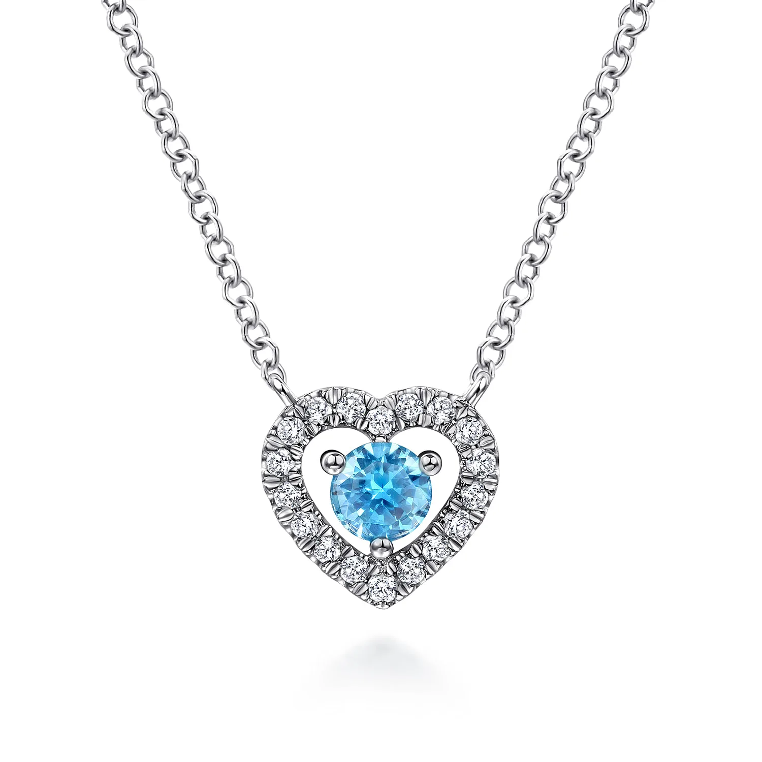 Round Blue Topaz and Diamond Heart Pendant Necklace