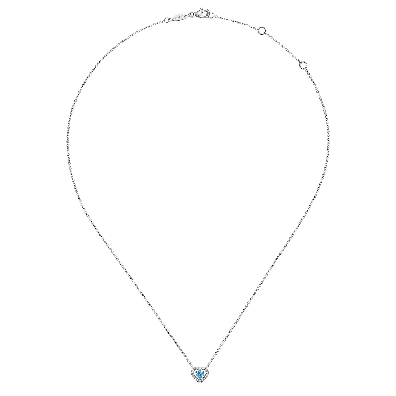 Round Blue Topaz and Diamond Heart Pendant Necklace in 14K White Gold, photograph 2