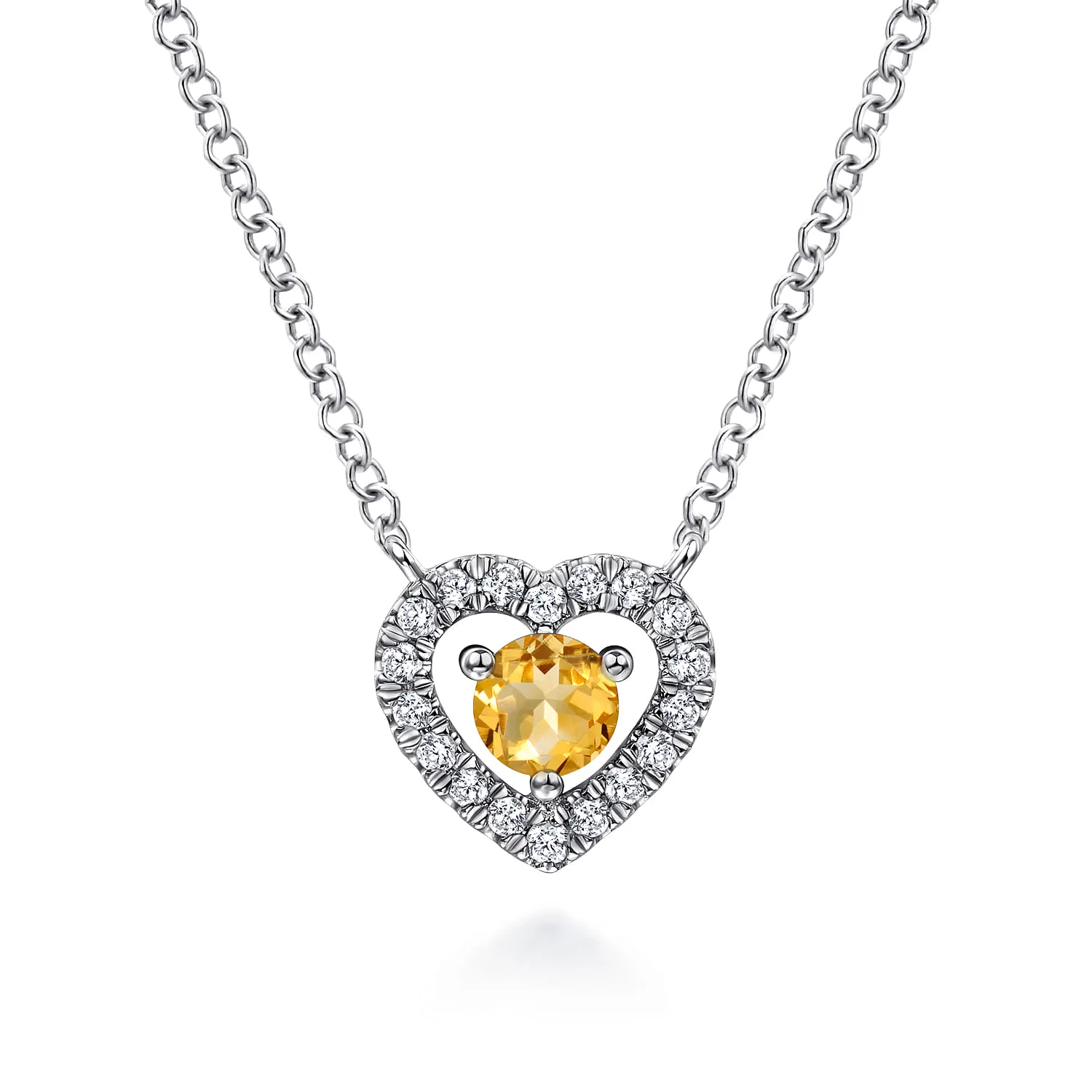Round Citrine and Diamond Heart Pendant Necklace
