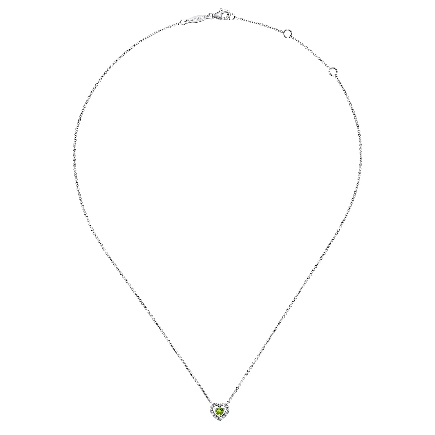 Round Peridot and Diamond Heart Pendant Necklace in 14K White Gold, photograph 2