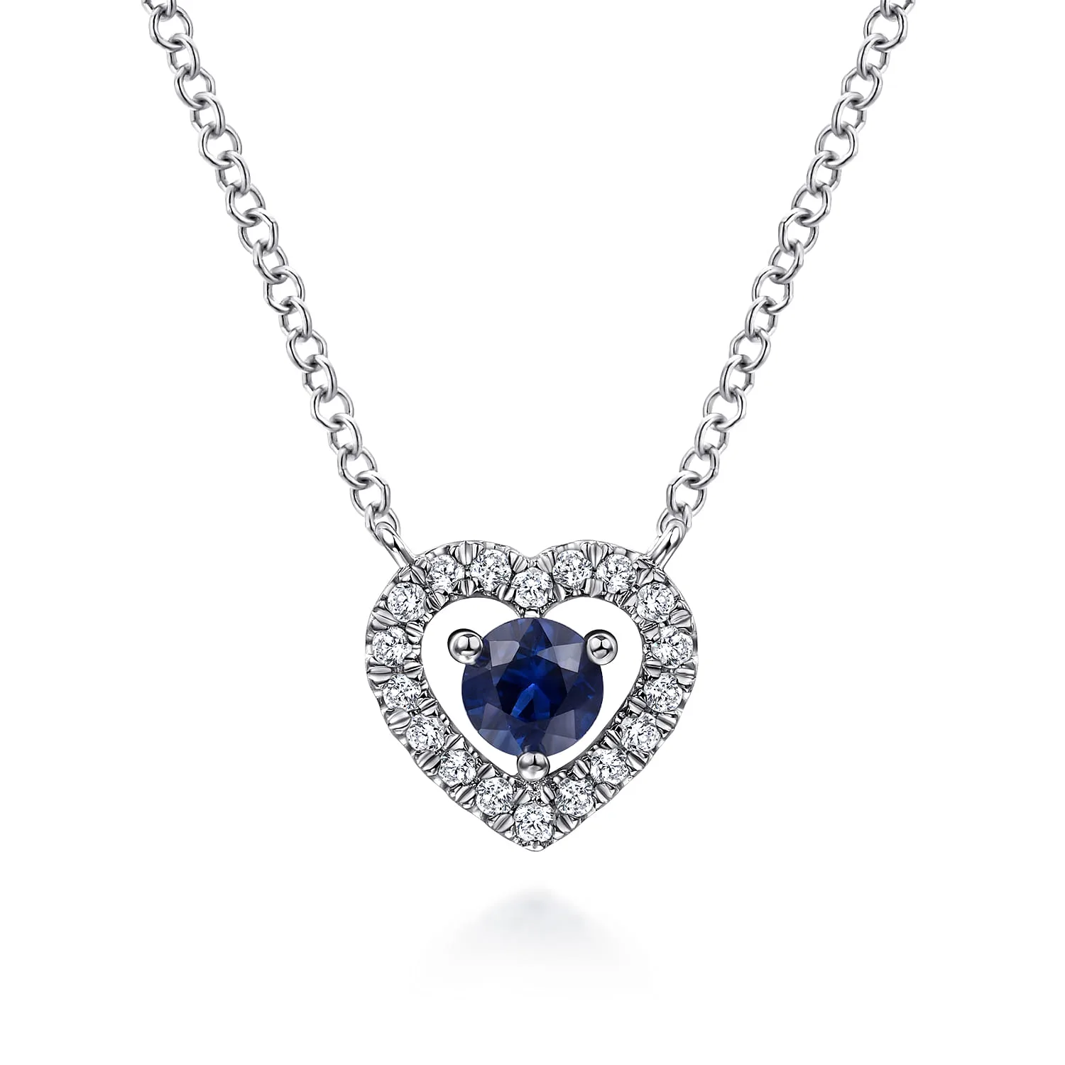 Round Sapphire and Diamond Heart Pendant Necklace