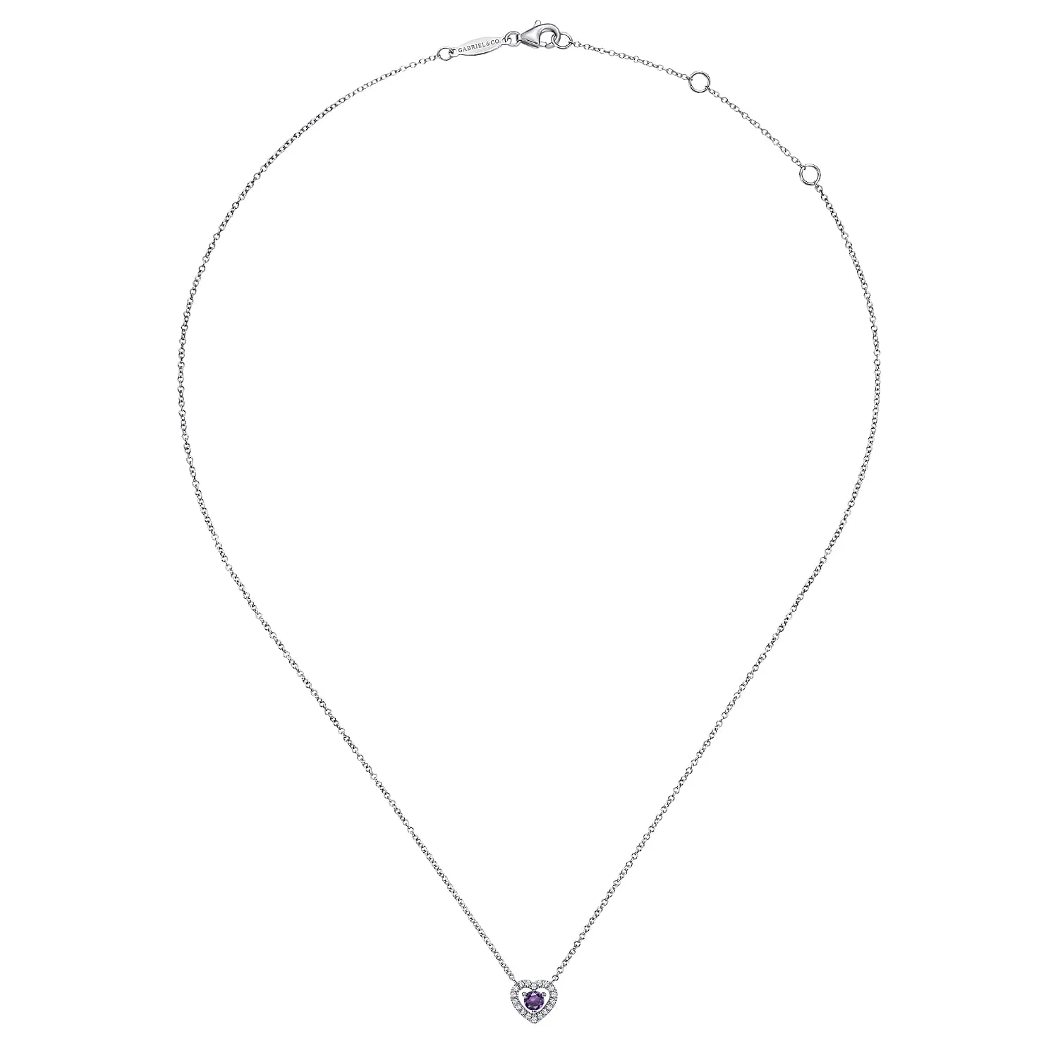 Round Sapphire and Diamond Heart Pendant Necklace in 14K White Gold, photograph 2