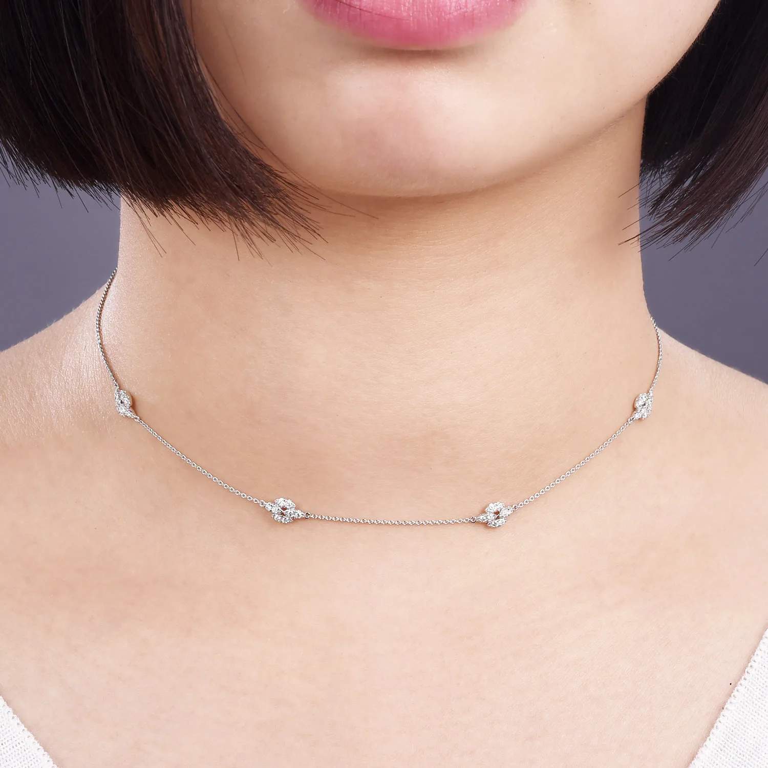 Filigree Diamond Station Necklace in 14K White Gold, photograph 3