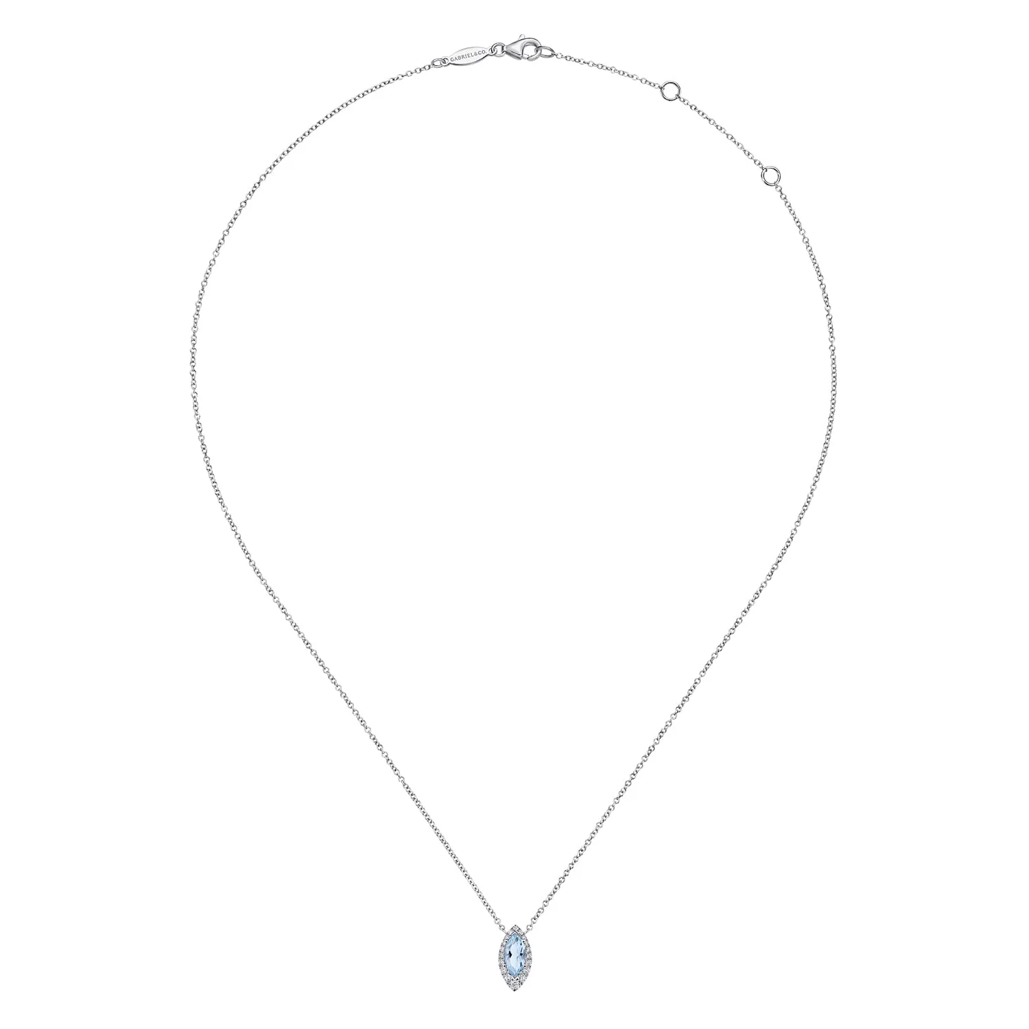Aquamarine Marquise and Diamond Halo Pendant Necklace in 14K White Gold, photograph 2