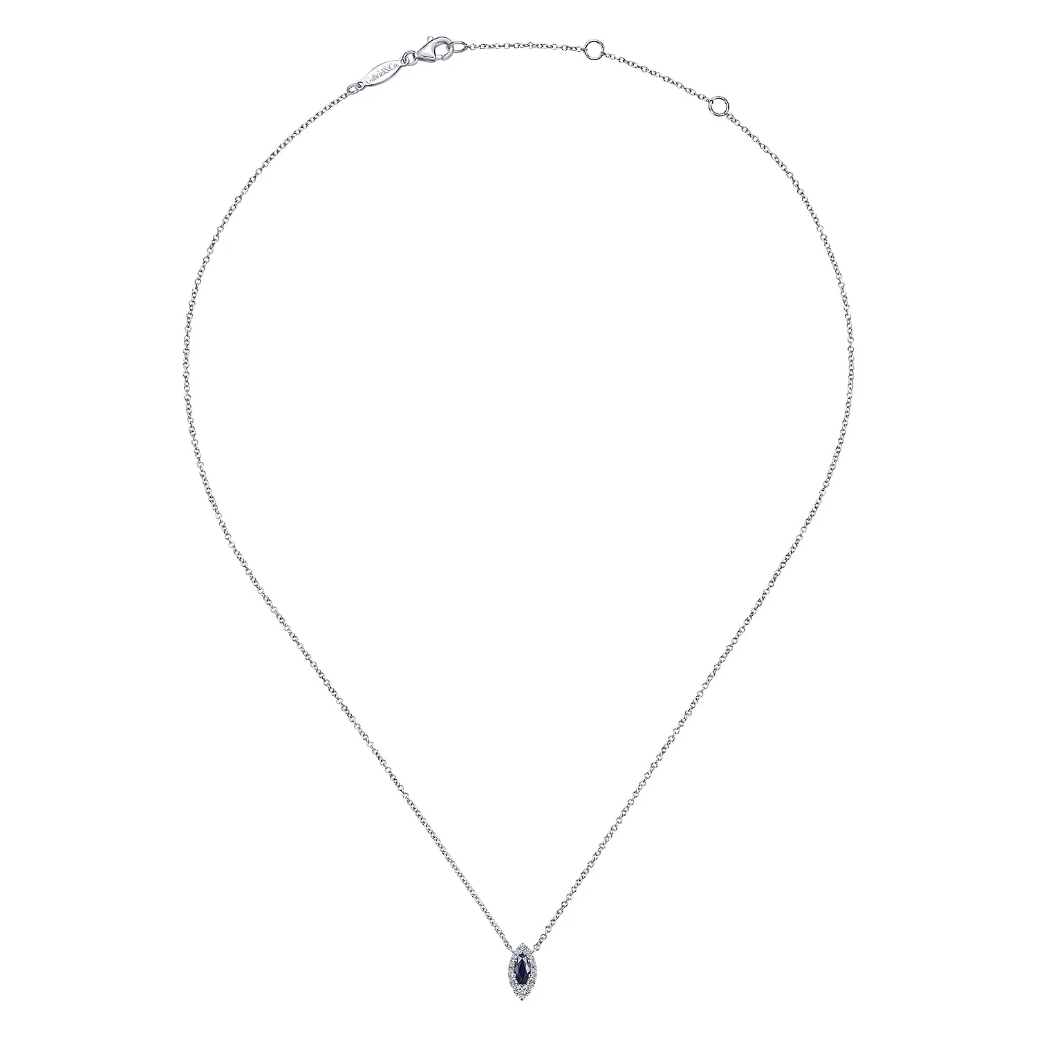 Marquise Sapphire and Diamond Halo Pendant Necklace in 14K White Gold, photograph 2