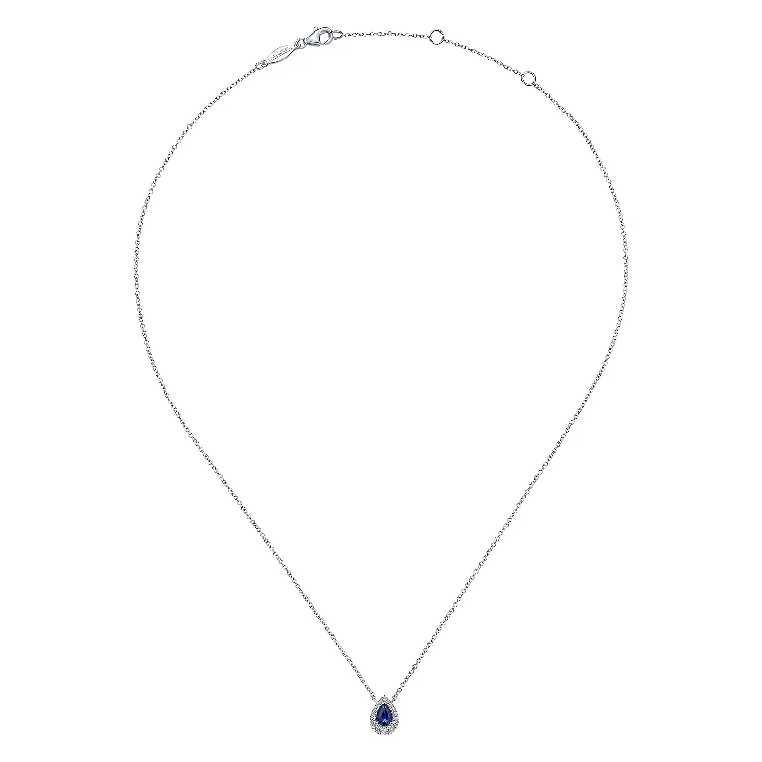 Sapphire Diamond Halo Teardrop Pendant Necklace in 14K White Gold, photograph 2