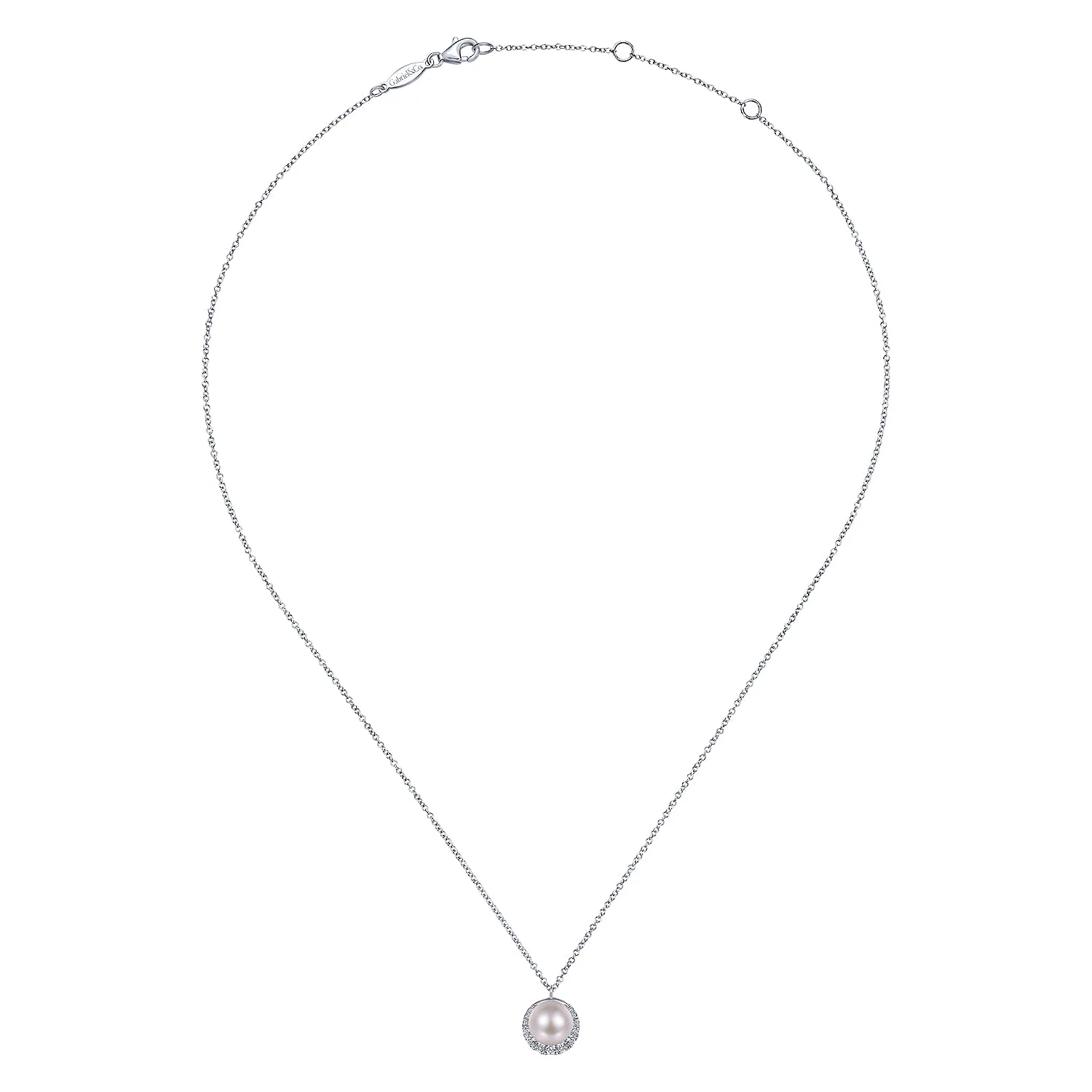 Cultured Pearl and Diamond Halo Pendant Necklace in 14K White Gold, photograph 2