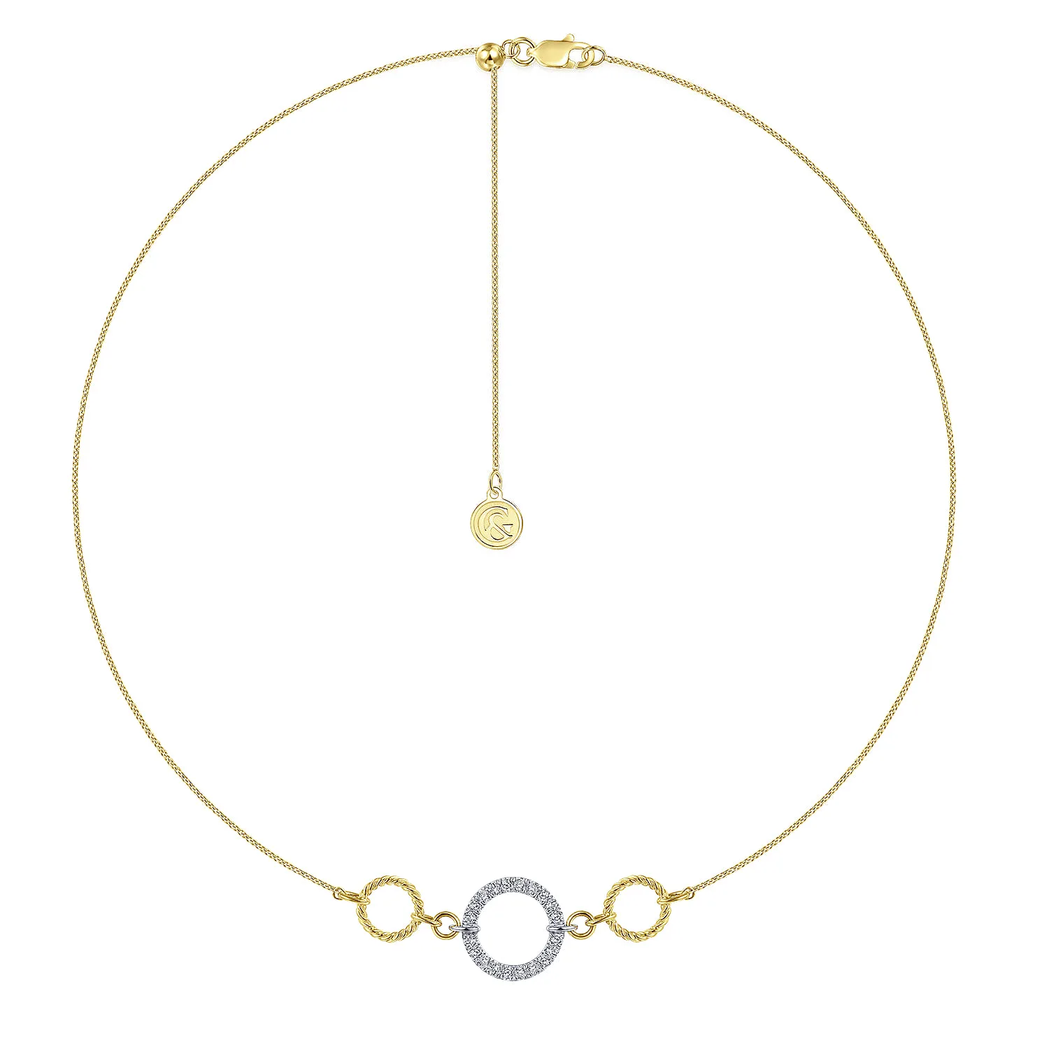 Twisted Rope and Pave Diamond Circle Choker Necklace in 14K White/Yellow Gold, photograph 2