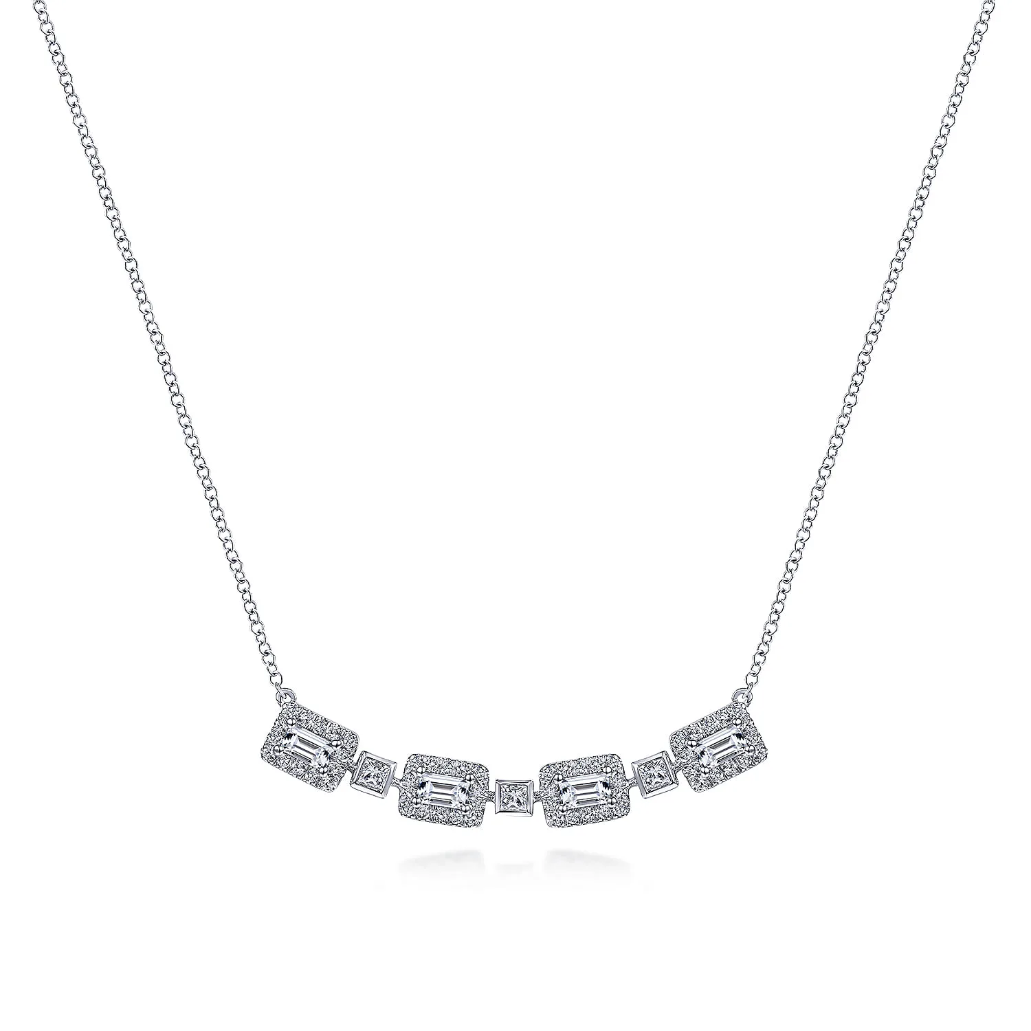 Rectangular Baguette and Diamond Halo Station Necklace