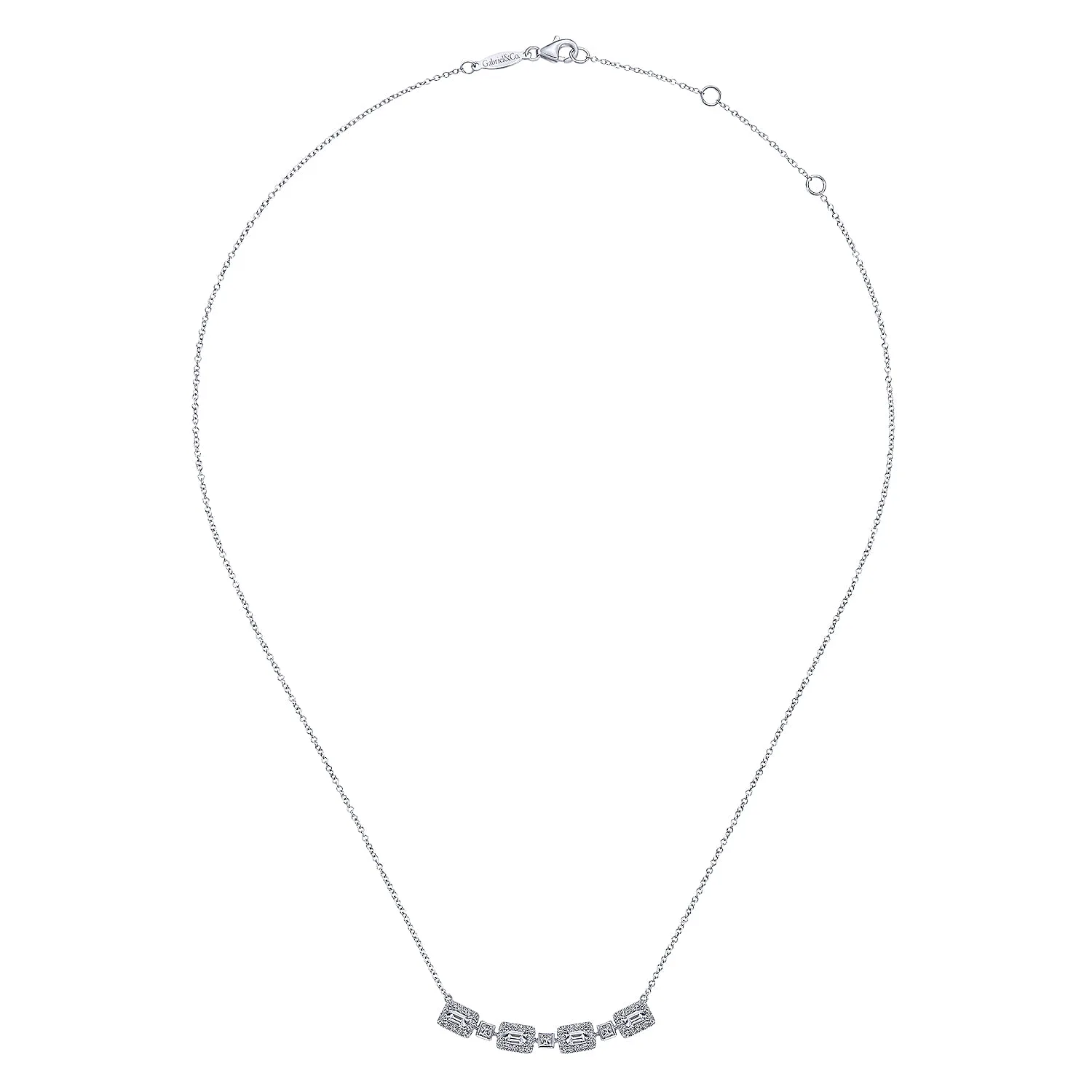 Rectangular Baguette and Diamond Halo Station Necklace in 14K White Gold, photograph 2