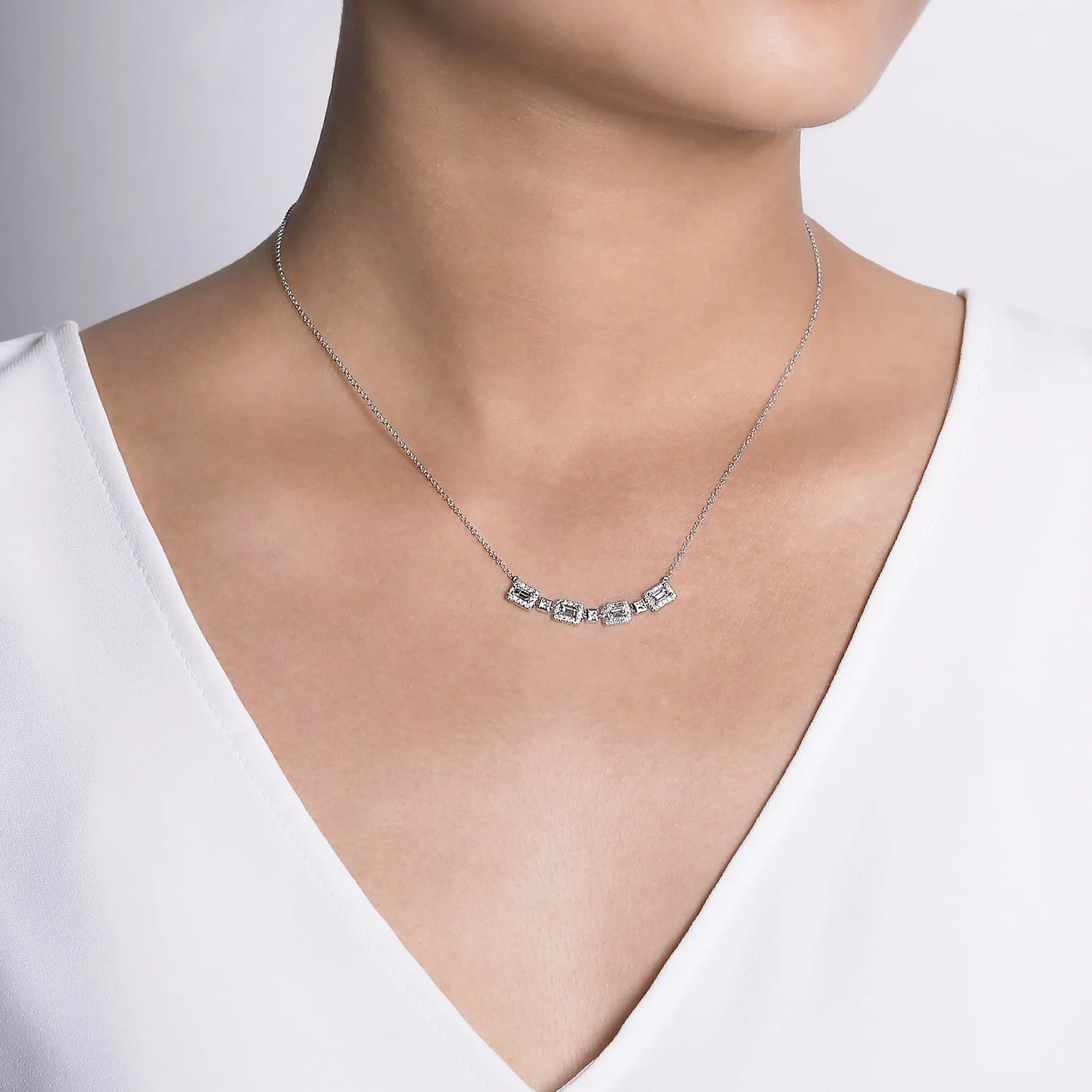 Rectangular Baguette and Diamond Halo Station Necklace in 14K White Gold, photograph 3