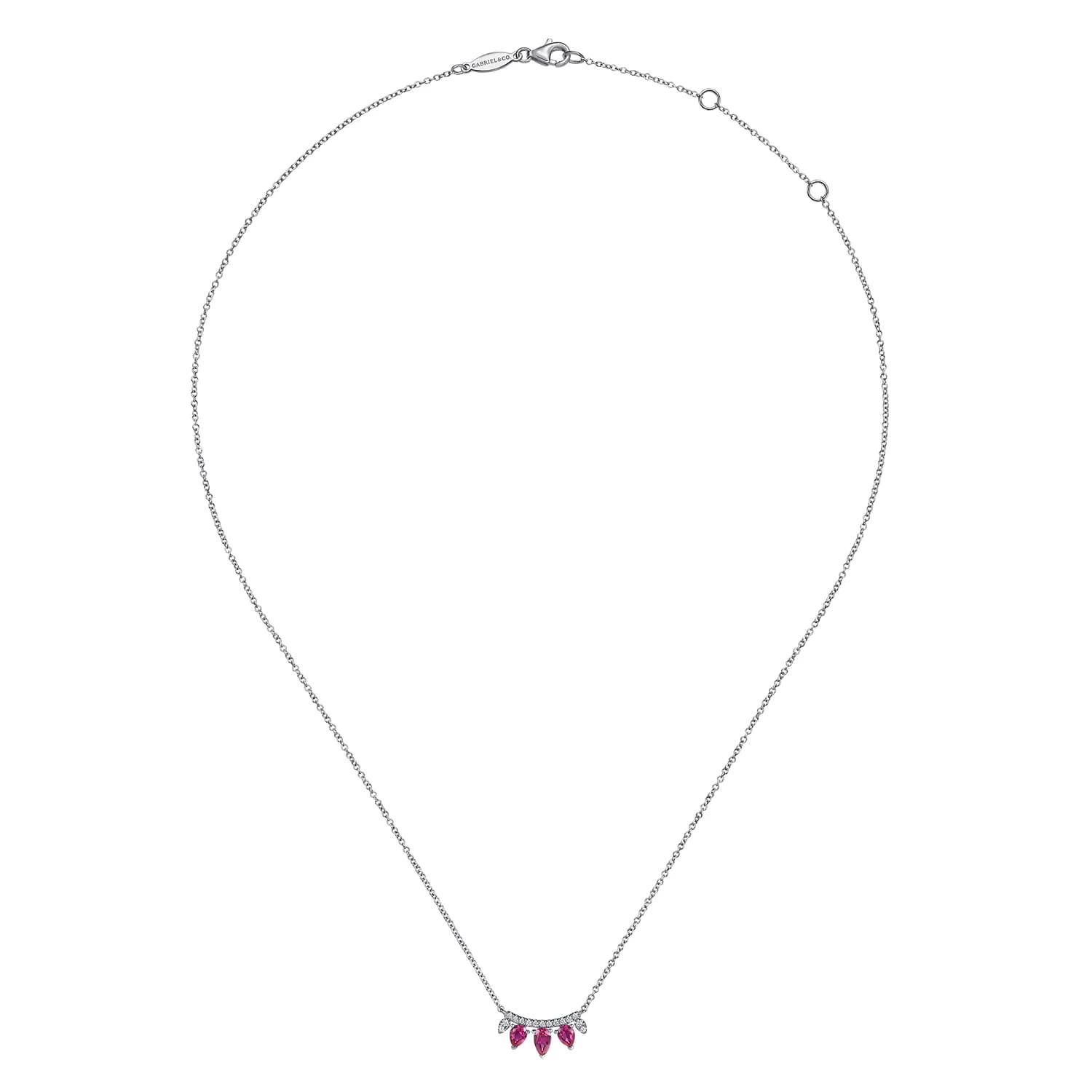 Pear Shaped Ruby and Diamond Bar Pendant Necklace in 14K White Gold, photograph 2