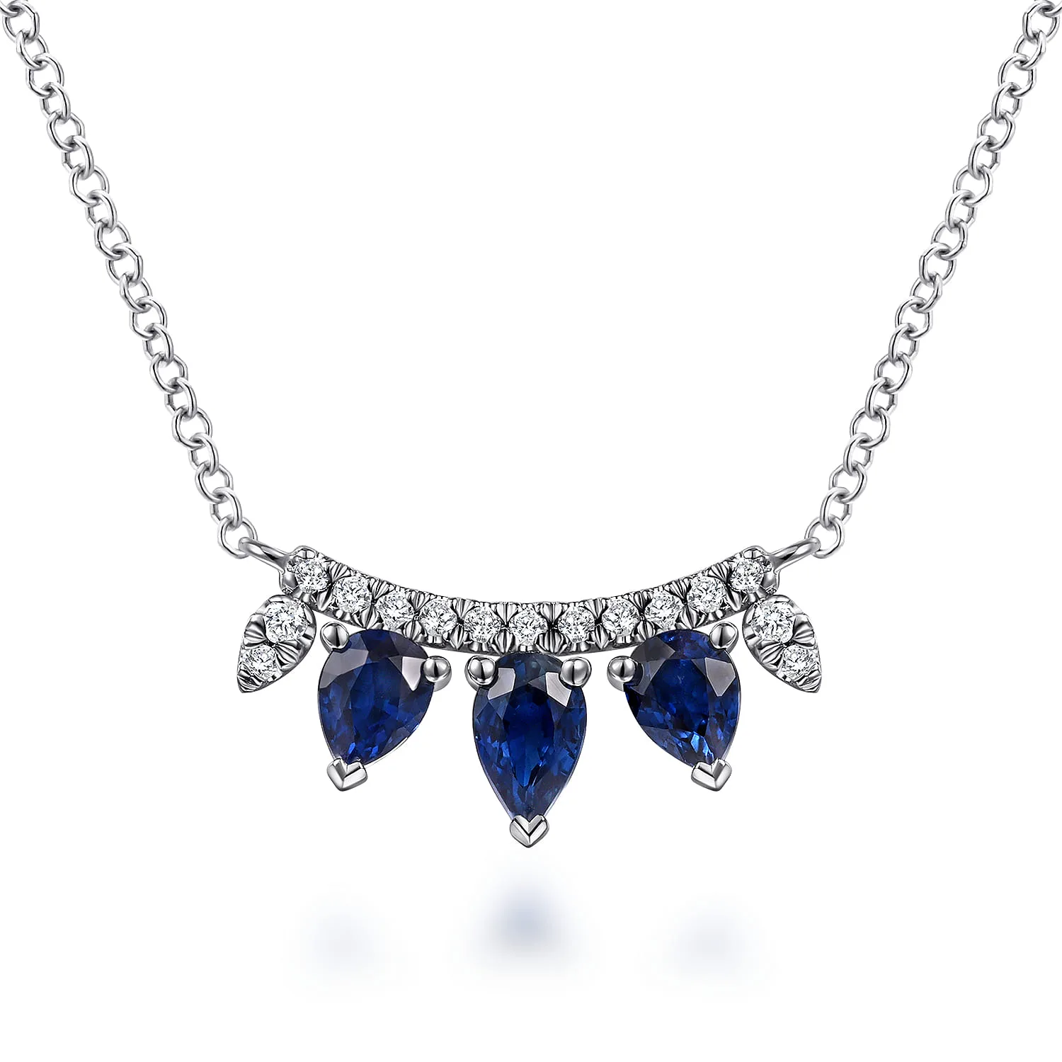 Pear Shaped Sapphire and Diamond Bar Pendant Necklace