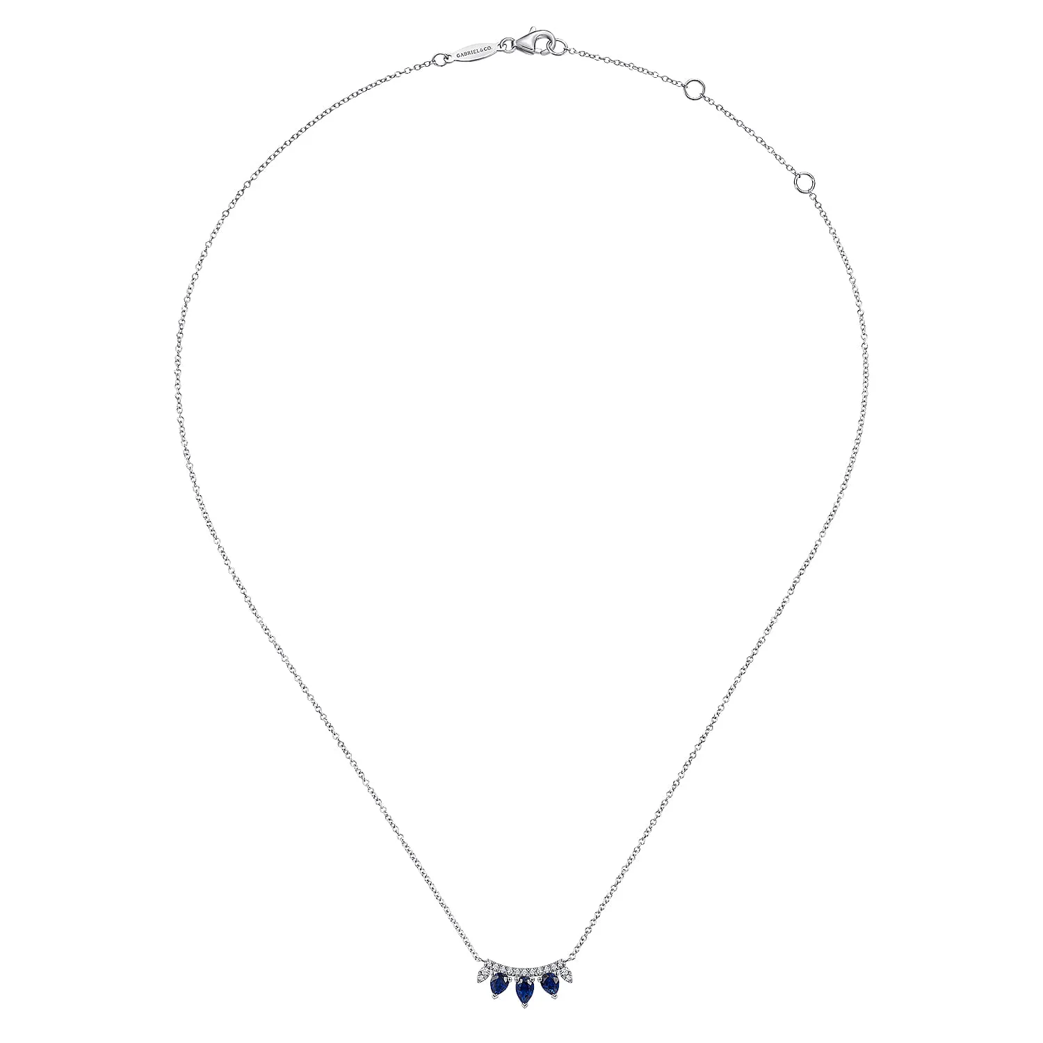 Pear Shaped Sapphire and Diamond Bar Pendant Necklace in 14K White Gold, photograph 2