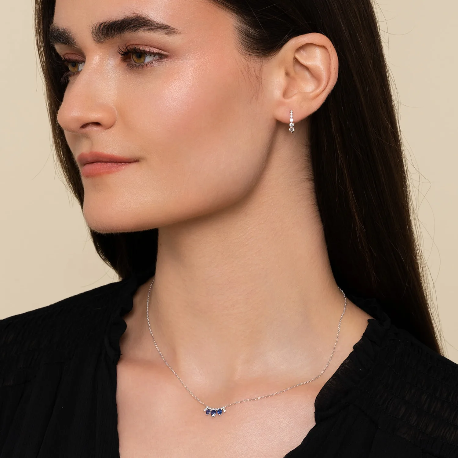 Pear Shaped Sapphire and Diamond Bar Pendant Necklace in 14K White Gold, photograph 4