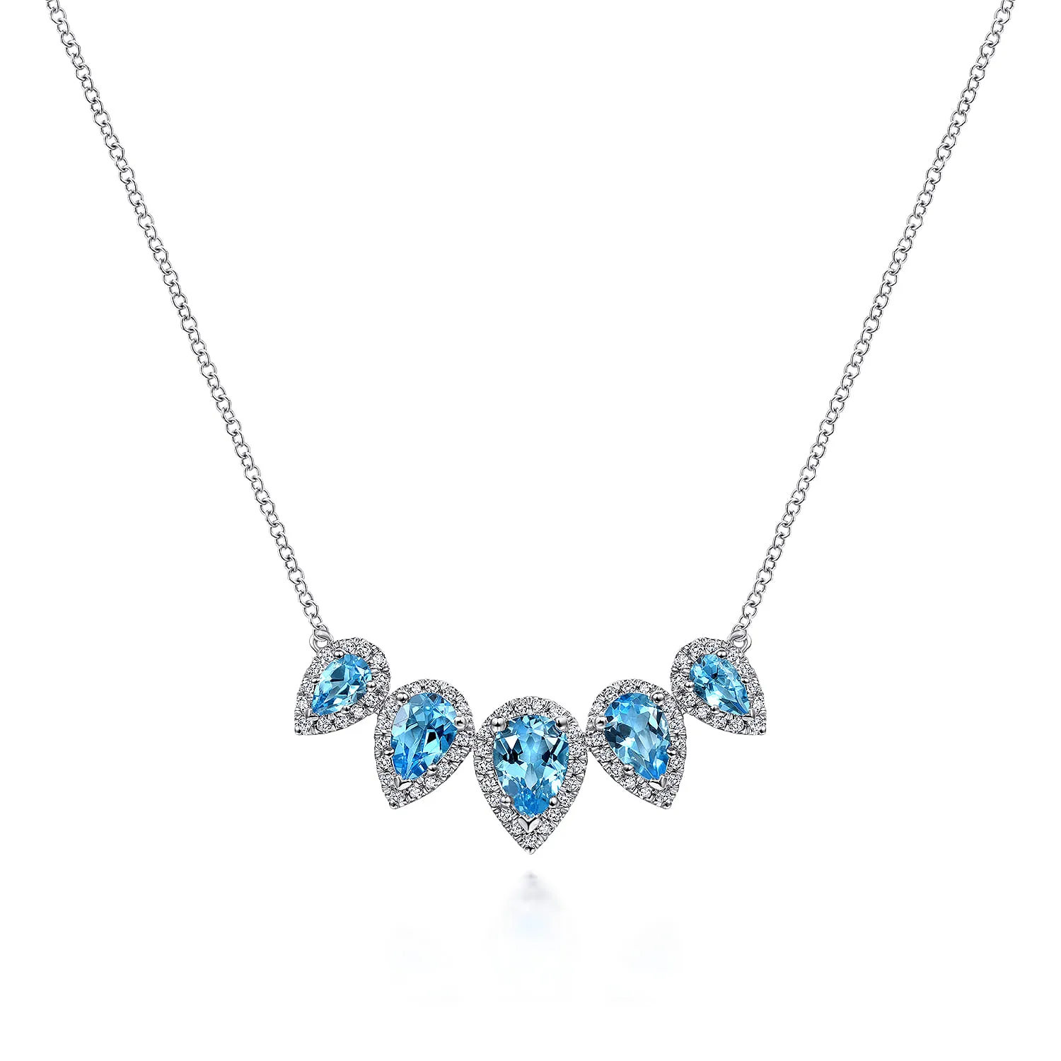 Graduating Pear Shaped Blue Topaz and Diamond Halo Necklace