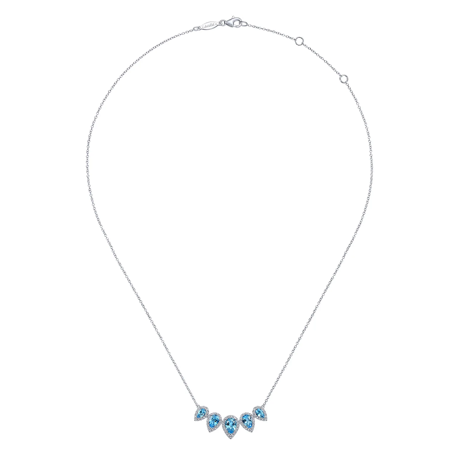 Graduating Pear Shaped Blue Topaz and Diamond Halo Necklace in 14K White Gold, photograph 2