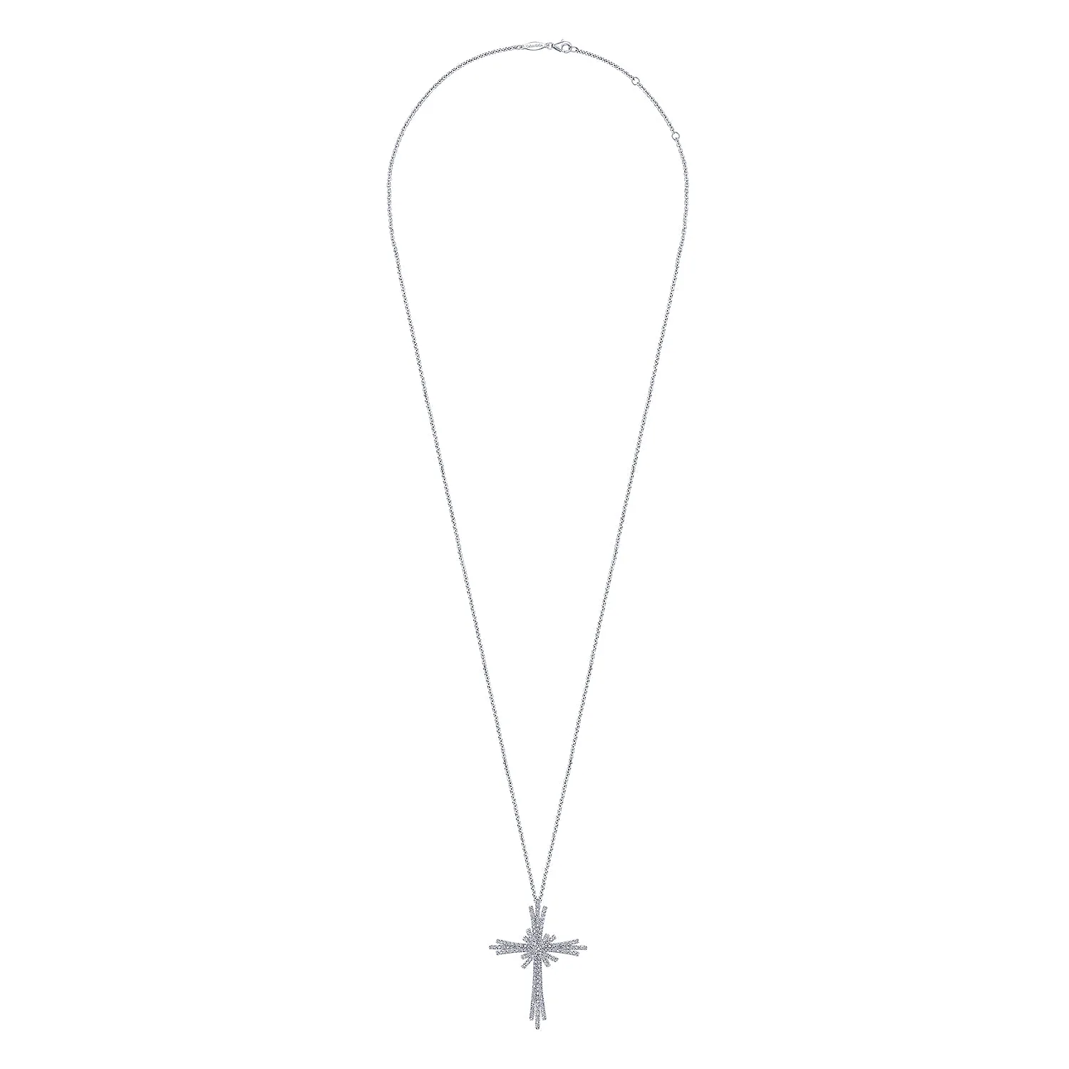 28 inch Multi Row Diamond Pave Cross Pendant Necklace in 14K White Gold, photograph 2