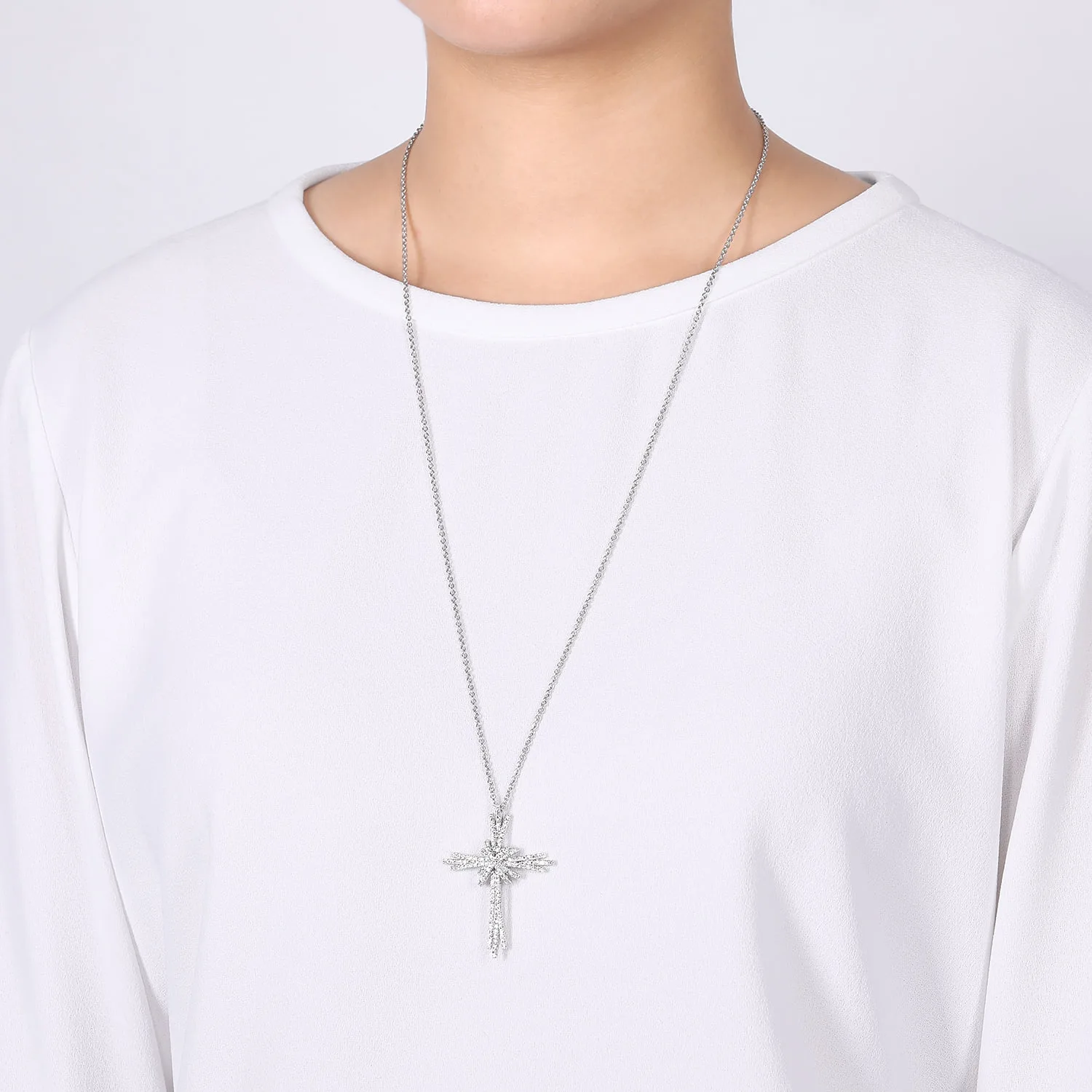 28 inch Multi Row Diamond Pave Cross Pendant Necklace in 14K White Gold, photograph 3