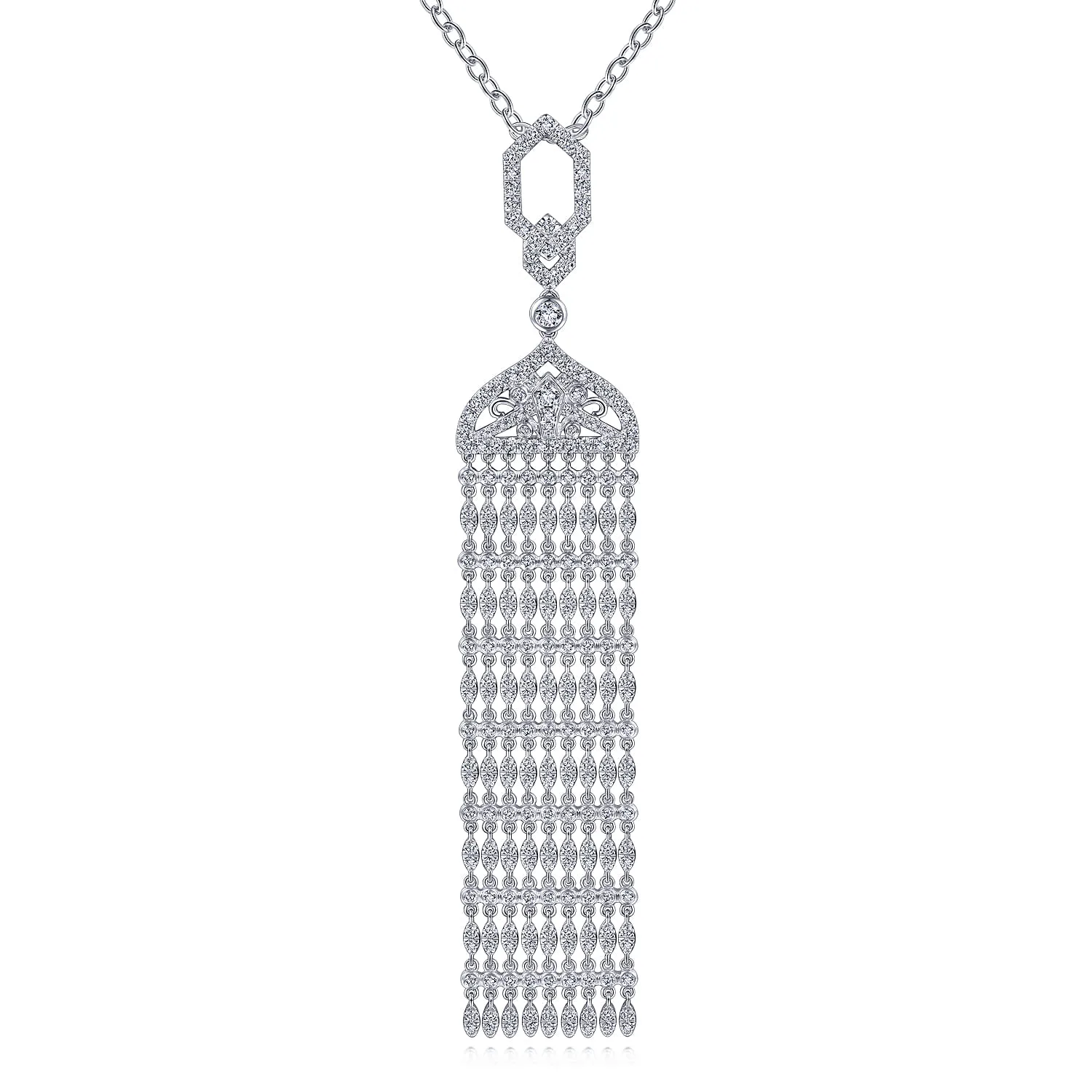30 inch Vintage Inspired Filigree and Diamond Tassel Pendant Necklace