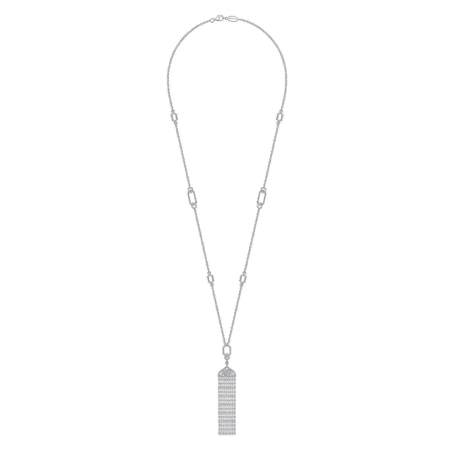 30 inch Vintage Inspired Filigree and Diamond Tassel Pendant Necklace in 18K White Gold, photograph 2