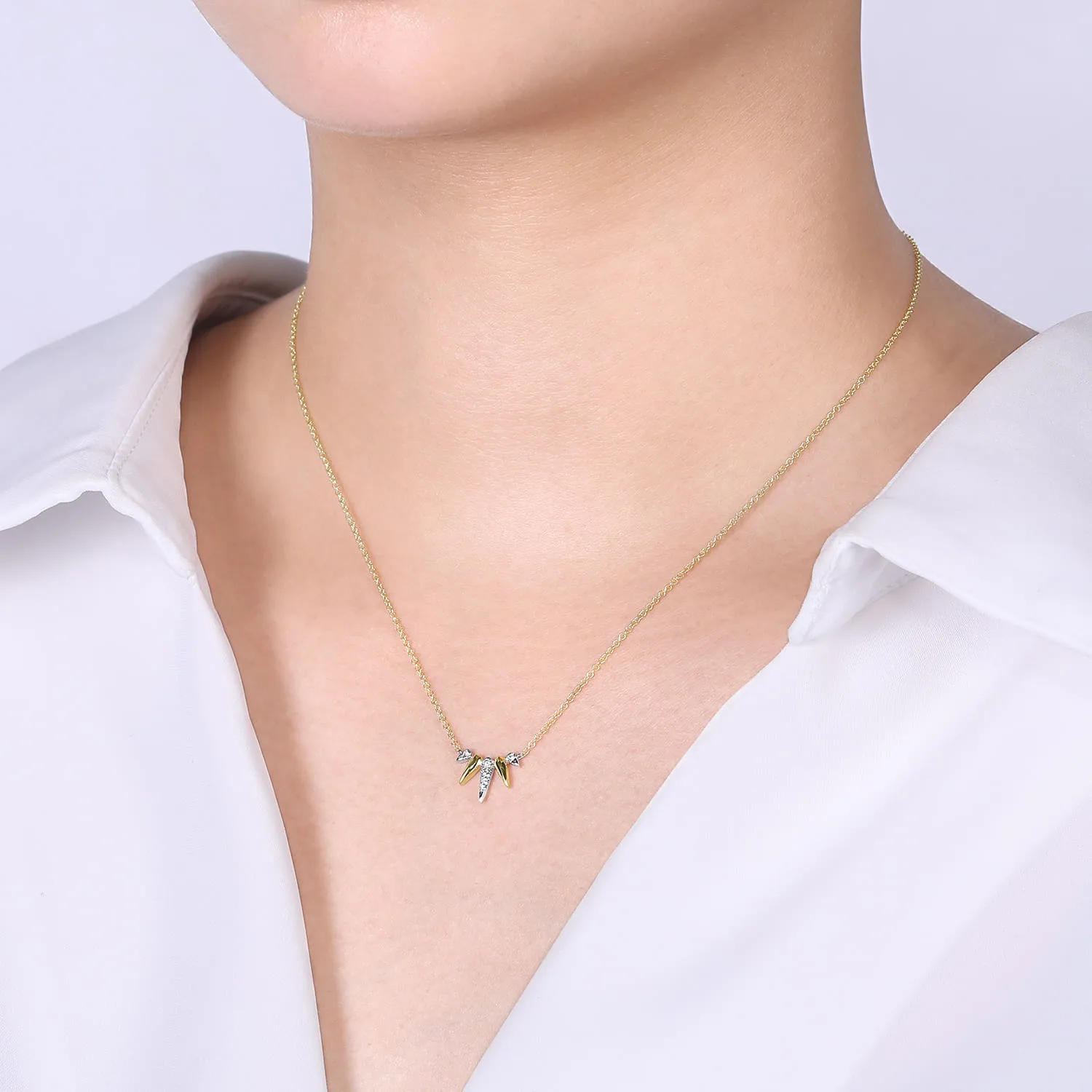 Diamond Pave Spike Fan Bar Necklace in 14K White/Yellow Gold, photograph 3
