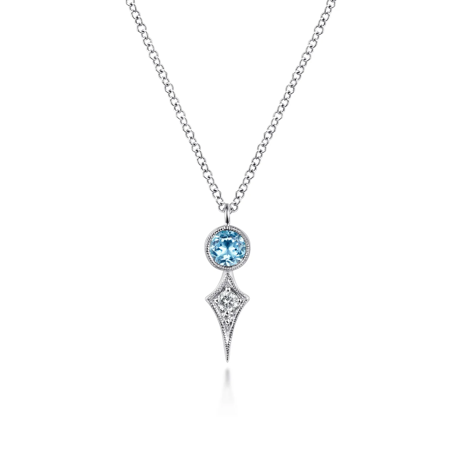Round Blue Topaz and Kite Diamond Pendant Necklace